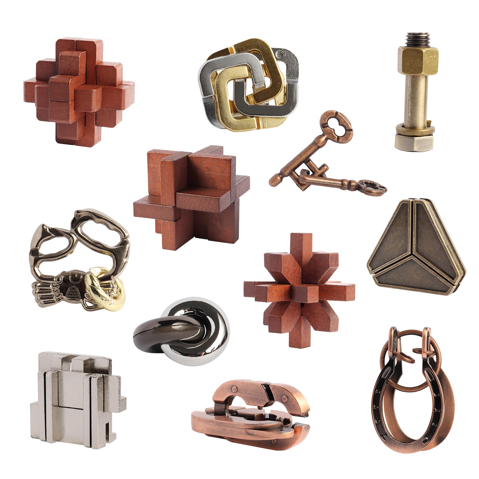 12pcs Puzzles Toys Wooden Metal Brain Teaser Puzzles Game for Adults Kids Desk Toy Lock Puzzles Gift for Teens