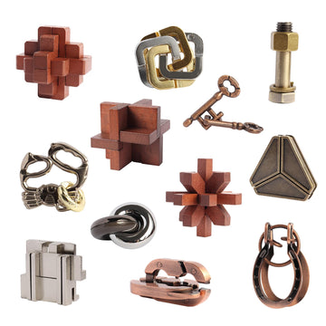 12pcs Puzzles Toys Wooden Metal Brain Teaser Puzzles Game for Adults Kids Desk Toy Lock Puzzles Gift for Teens