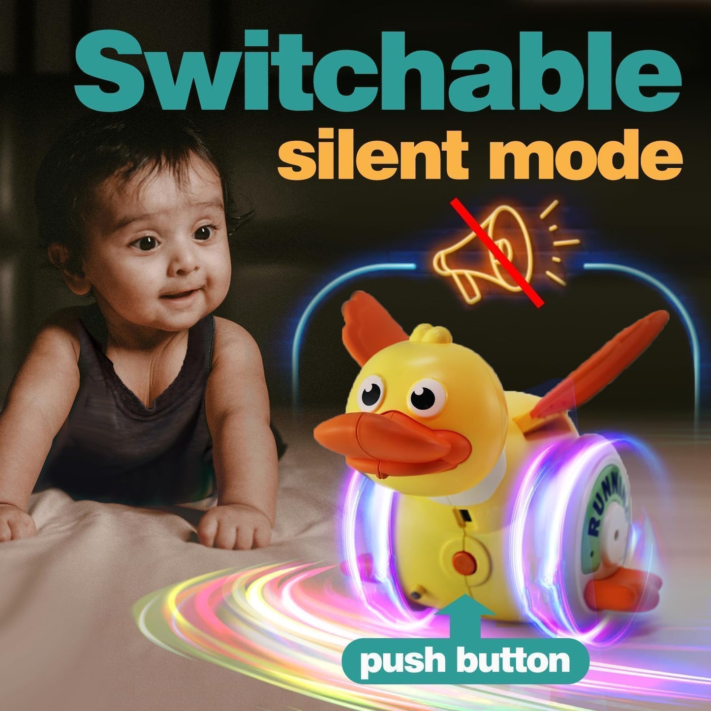 Sizobi Duck Toys for Toddlers 1-3, Tummy Time Crawling Toys for Babies 6-12 12-18 Months, Light Up Musical Dancing Walking Duck