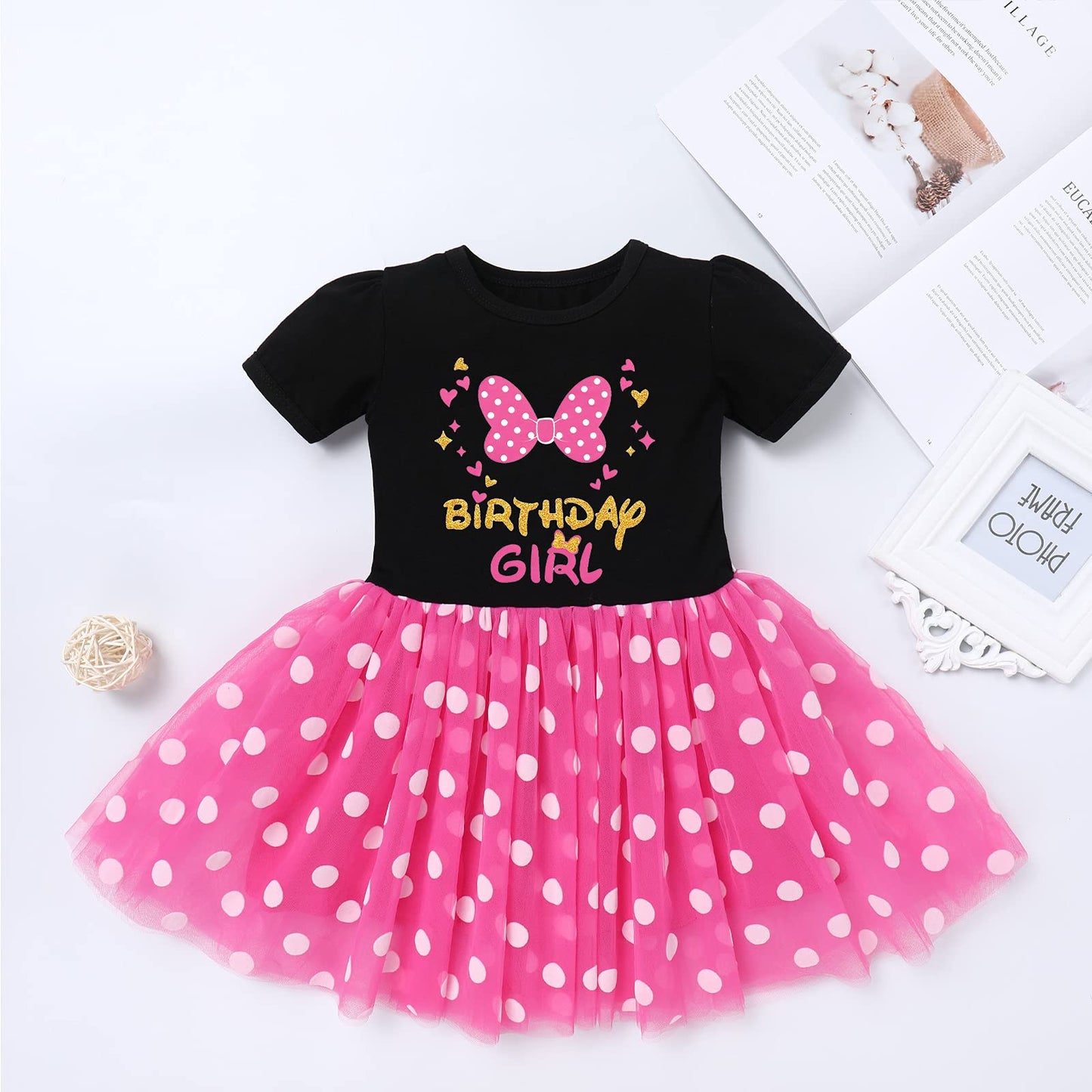IMEKIS Mouse 6th Birthday Outfit Baby Girls Dress Polka Dots Mini Tutu Headband Six Years Old Cake Smash Photo Shoot Kids Sixth