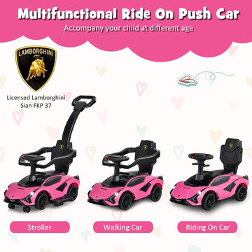 Infans 3 In 1 Ride On Push Car, Licensed Lamborghini Baby Stroller Sliding Walking Car With Parent Control Handle, Music, Headlight, Under Seat Storage, Kids Foot-To-Floor Toy For 18-60 Months (Pink)