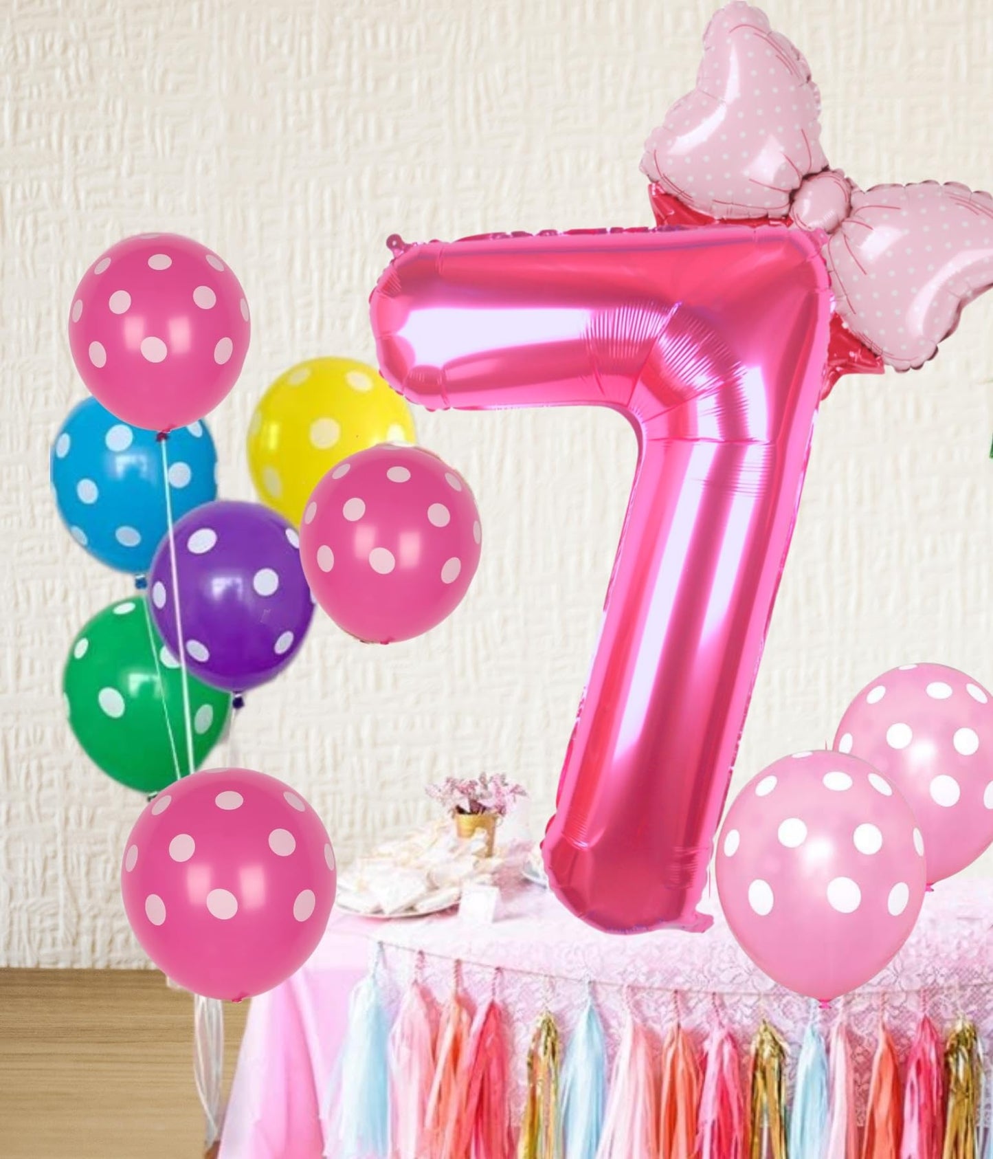 Kwuz 40 Inch Pink Number 7 Balloon with Mini Bow Balloon for Girls 7th Birthday Decorations, Pink Girl Mouse Princess Western Co