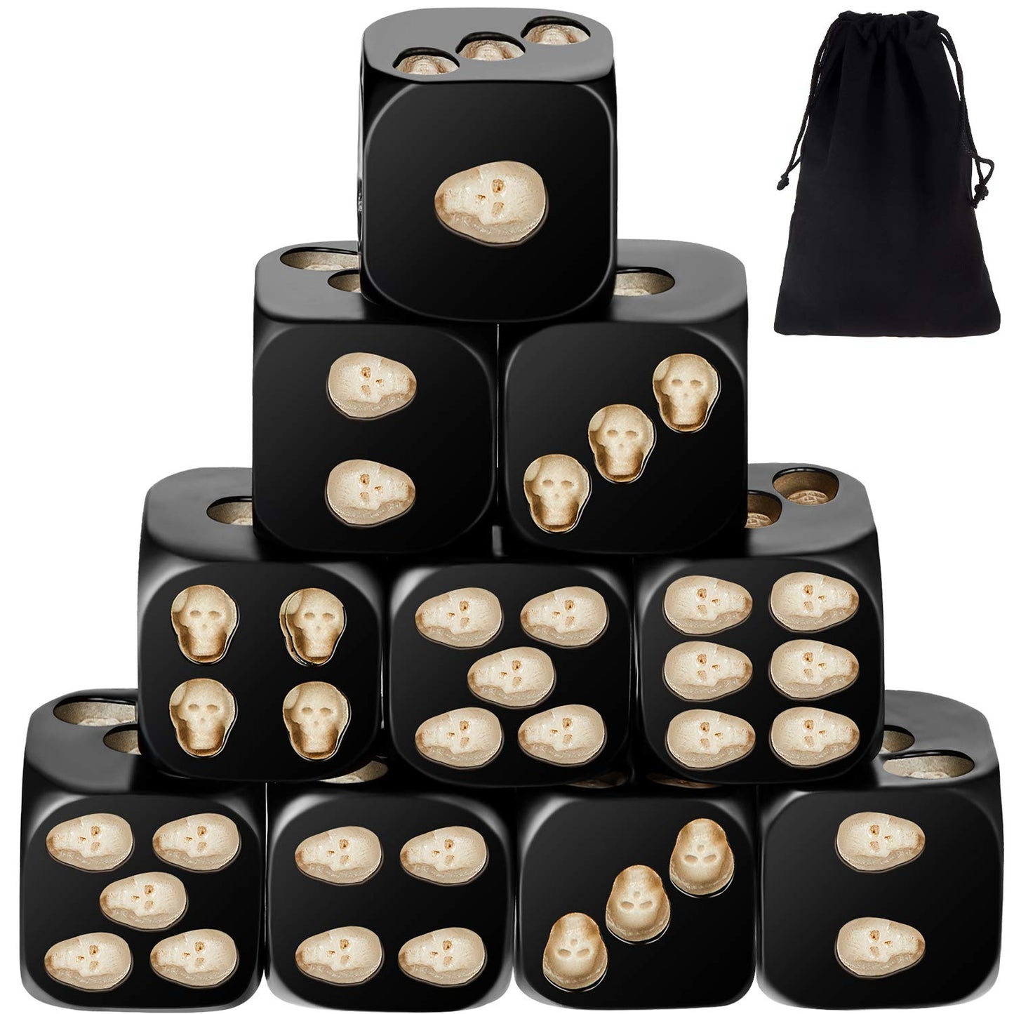 10 Pieces Black Skull Dice Halloween Dice 3D Skeleton Dice Decorative Mini Skull Face Gaming Dice 0.7 Inch Cube Dice with Flanne