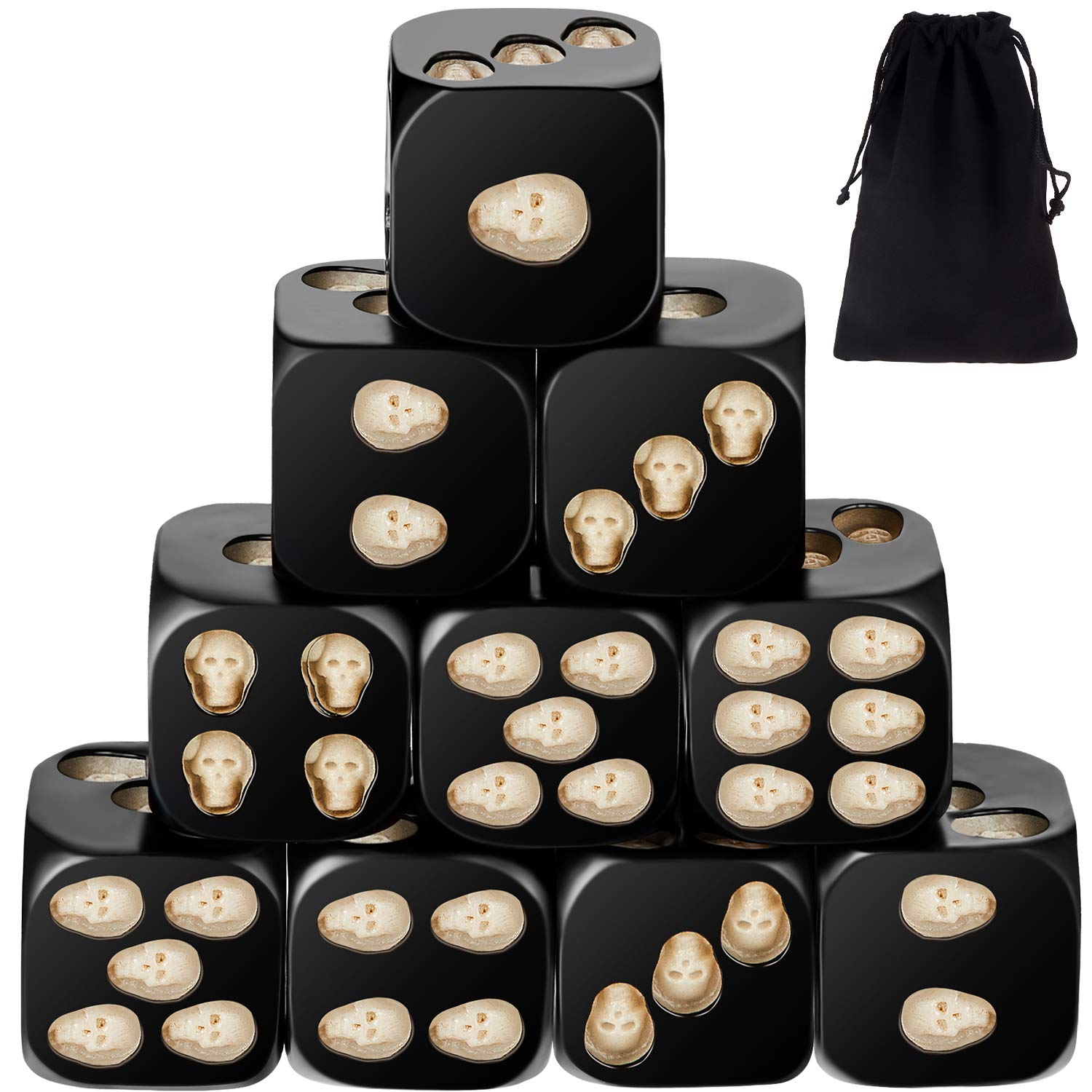 10 Pieces Black Skull Dice Halloween Dice 3D Skeleton Dice Decorative Mini Skull Face Gaming Dice 0.7 Inch Cube Dice with Flanne