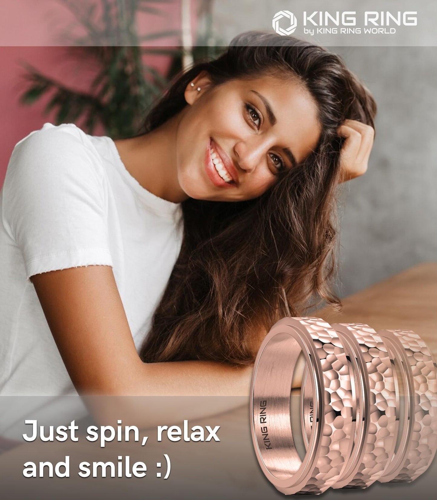 King Ring 6mm Spinner Hammered Ring - Stress Relief Fidget Ring for Men & Women K39V2 - Rose 07