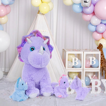 Maogolan 4 Pcs Dinosaur Stuffed Animals For Girls,Purple Stuffed Dinosaurs Plush Toys Set For Toddlers, Mummy Dinosaur With 3 Baby Triceratops Plushies, For Kids