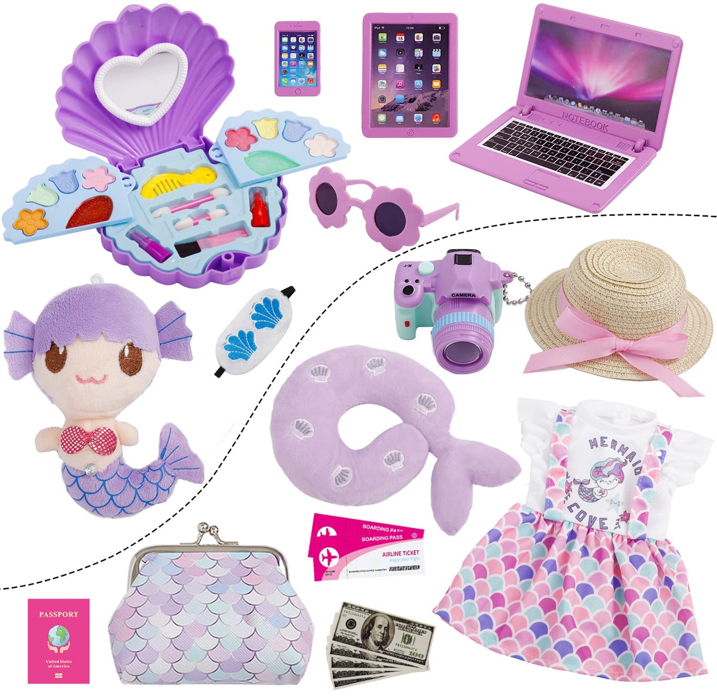 Srua Don 18 Inch Doll Suitcase Travel Luggage Play Set, 18' Doll Mermaid Theme Travel Carrier Storage Accessories For 18Inch Doll, Include Case Doll Clothes Hat Sunglasses Camera Pillow Toy Pet, Etc