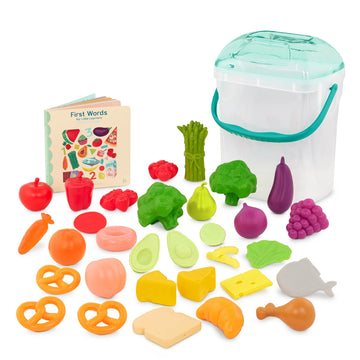 B. toys- Foodie Fun- Pretend Play Food & Board Book Set - 32 Pieces of Play Food - Educational Book for Toddlers - Storage Bucke