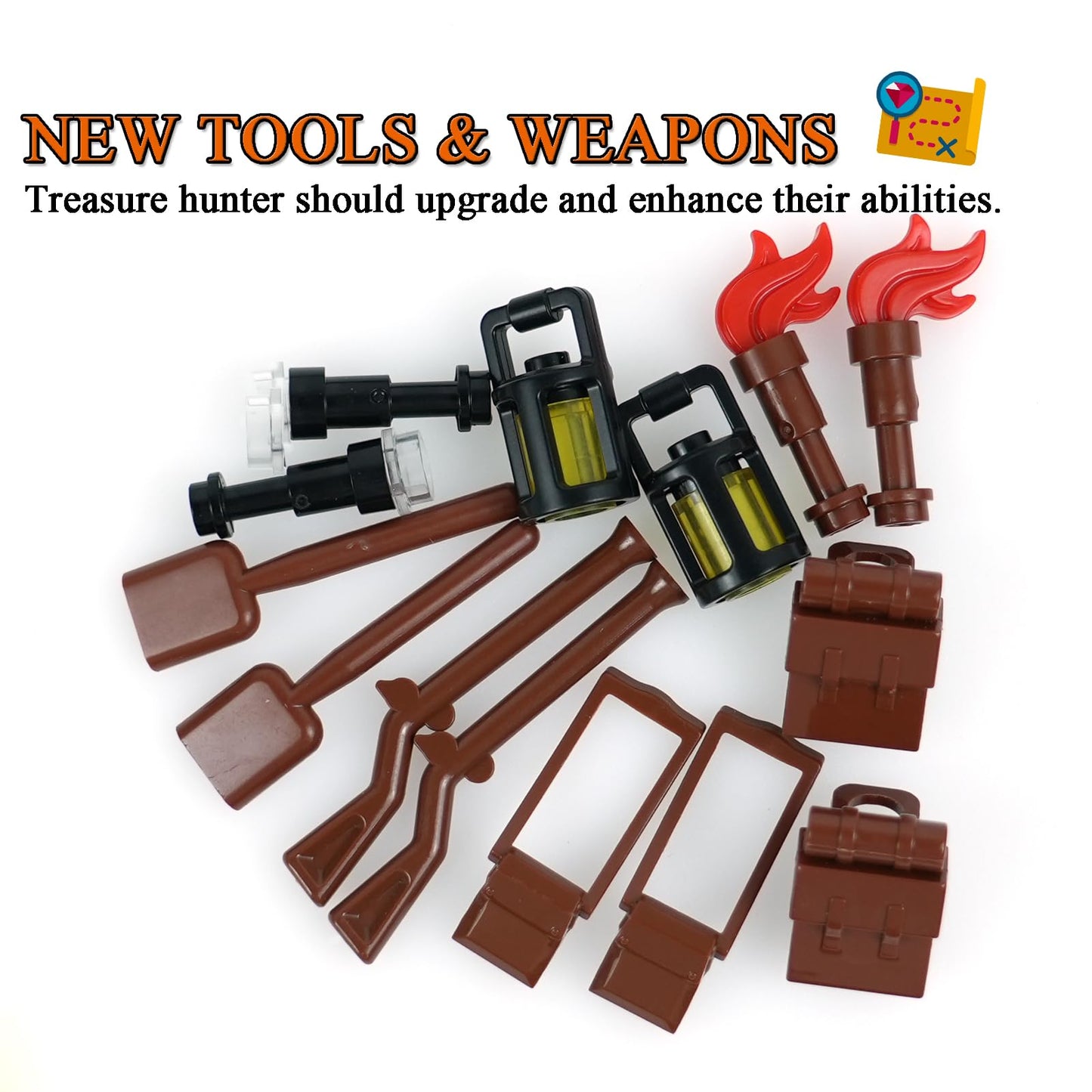 Pirates Treasure Chest Money Dollars, Silver Golden Gems Crystals Bag Torch Cannon Bricks Accessories Pack, Building Blocks Toys