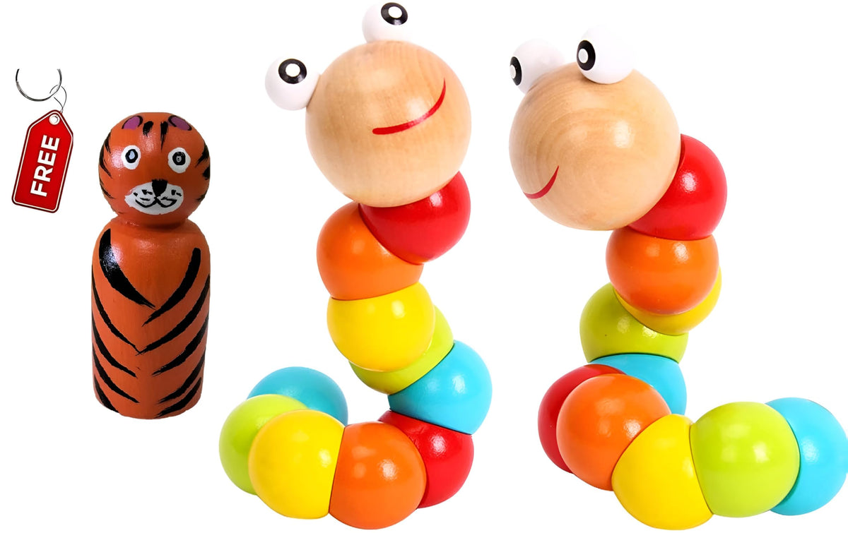 Channapatna Toys Baby Toys 018 Months, 2 Pack (Rainbow)  Infant Toys  Caterpillar Twisting & Tiger Doll