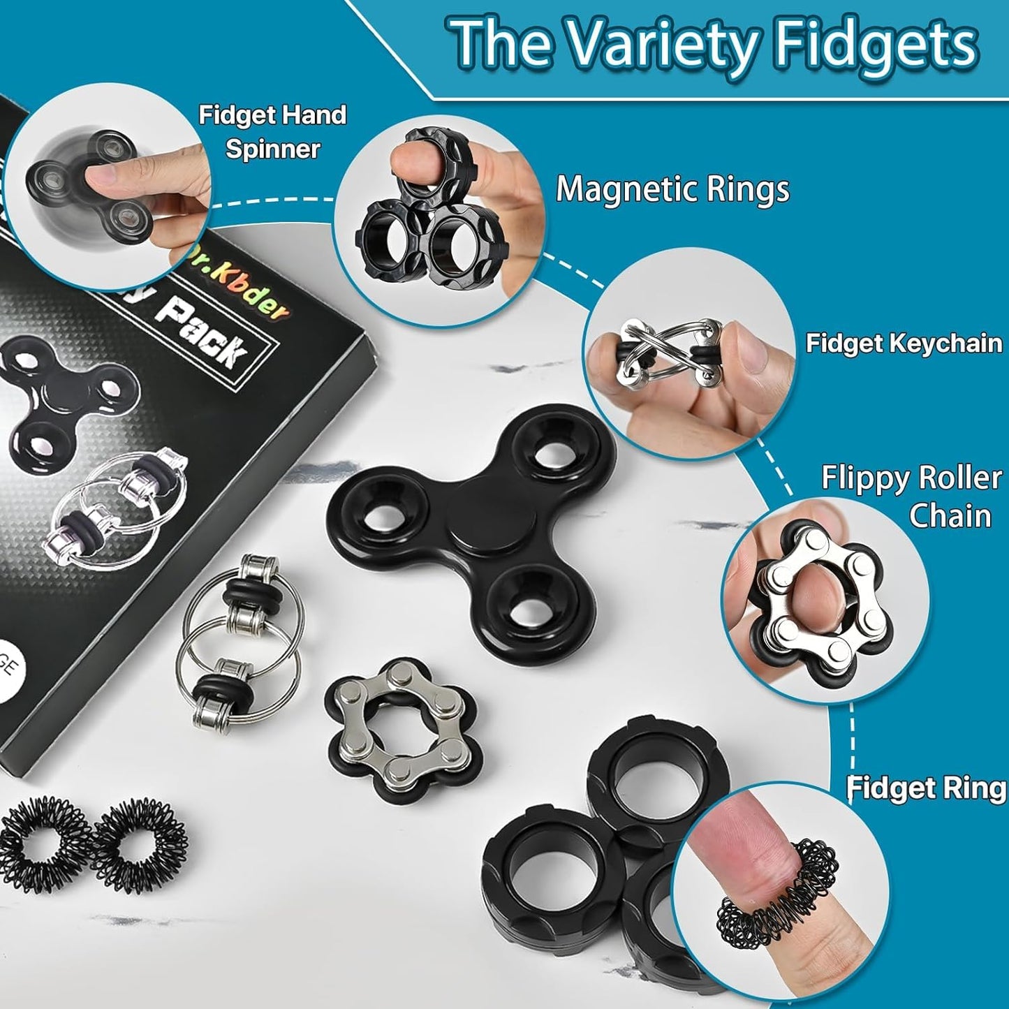 Dr.Kbde 12 Pcs Fidget Toys Adults Pack Stress Relief Sensory Toys For Kids Teen Cool Gadgets Desk Toys Flippy Roller Bike Chain Figits Rings Figette Spinners Classroom Prizes Gift For Adhd Boy Girls