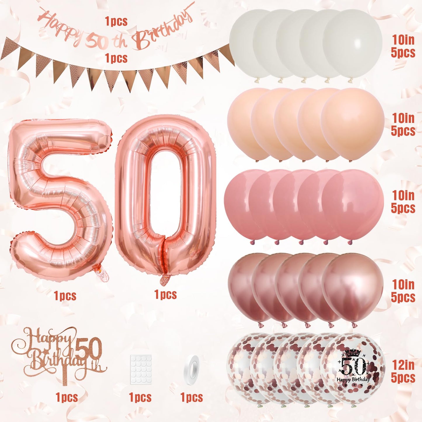 50Th Birthday Decorations Retro Pink Rose Gold,50Th Birthday Balloons,Happy 50Th Birthday Banner With Cake Toppers Rose Gold Num