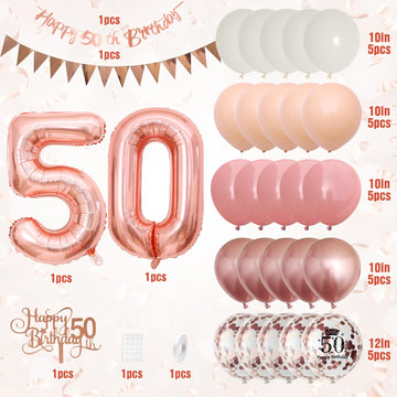 50Th Birthday Decorations Retro Pink Rose Gold,50Th Birthday Balloons,Happy 50Th Birthday Banner With Cake Toppers Rose Gold Num