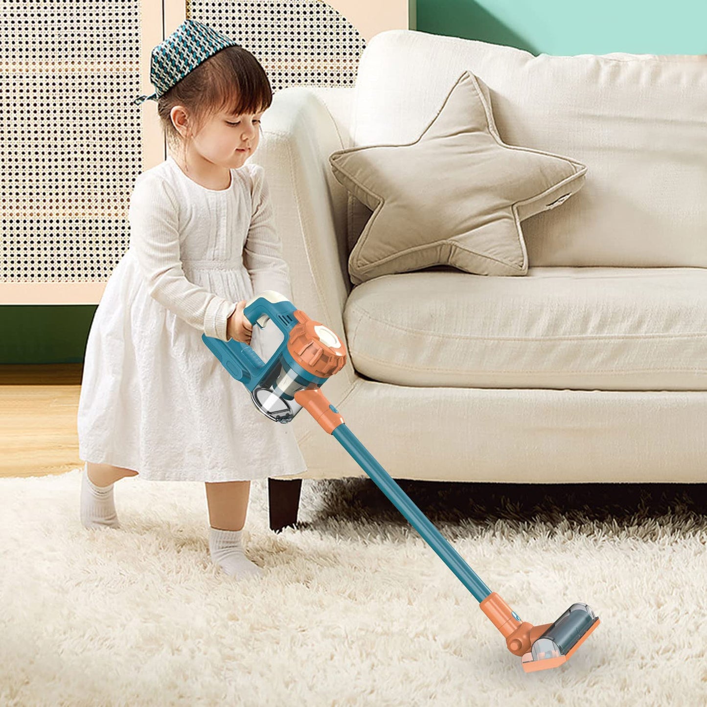 BAYMI 3-in-1 Kids Vacuum Cleaner Set, Toddler Toy with Working Suction, Child-Size, Blue, Model BM63590X