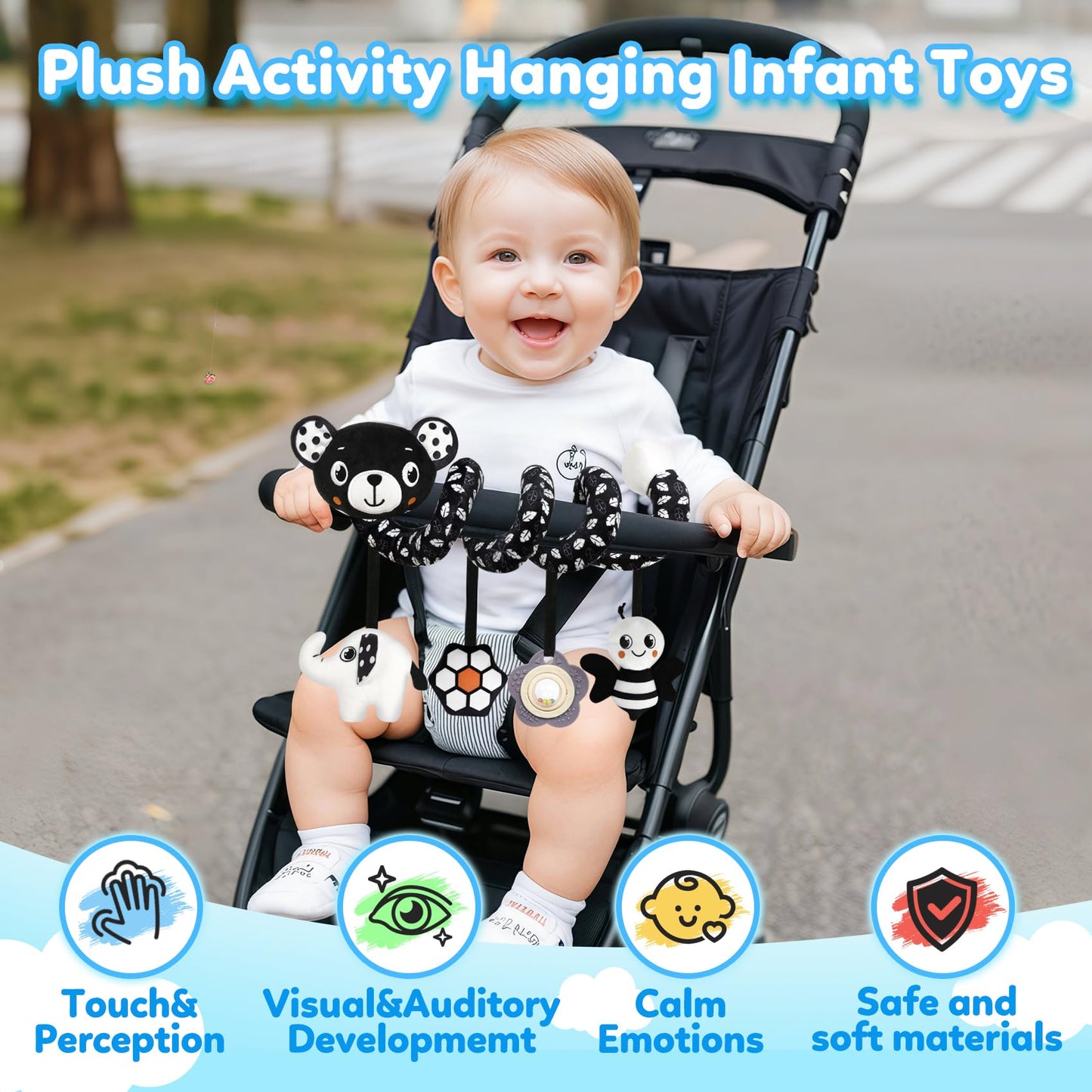 Baby Carseat Toy Black & White Rattle Spiral Hanging Activity Stroller Toy For Newborns Boys And Girls, Easter Basket Stuffers -