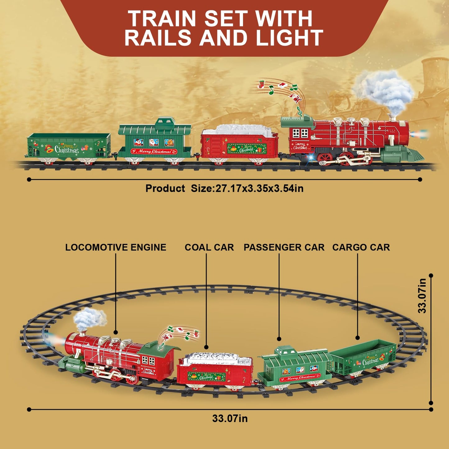 Train Set -Train Set For Toddlers W/Christmas Music Light & Smoke, Train Set For Under Christmas Tree, Train Sets For Kids 4-7,