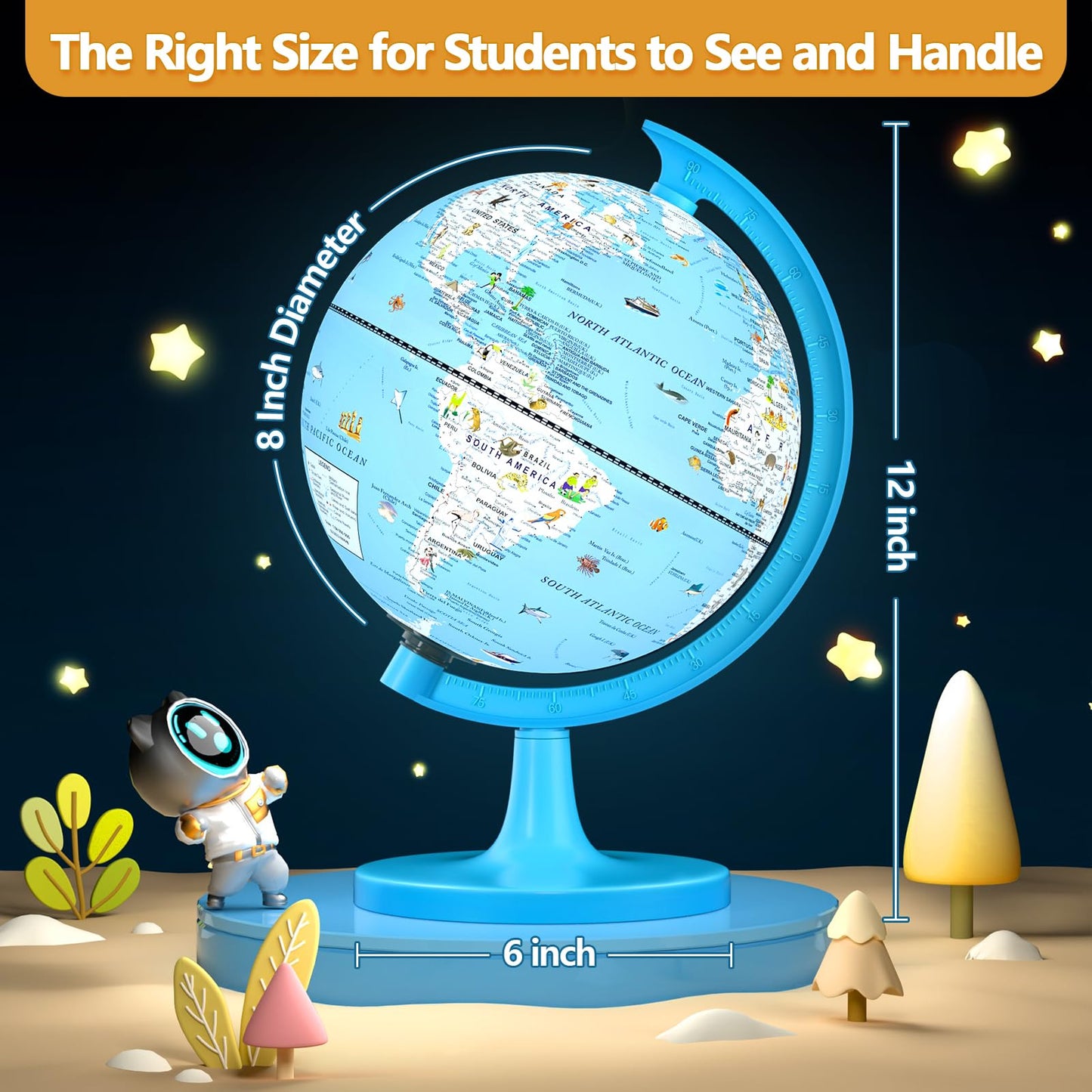 Jowhol Illuminated Globe For Children With Animals Illustrations Easy To Read - 8'' Small World Globe For Kids Learning Geograph