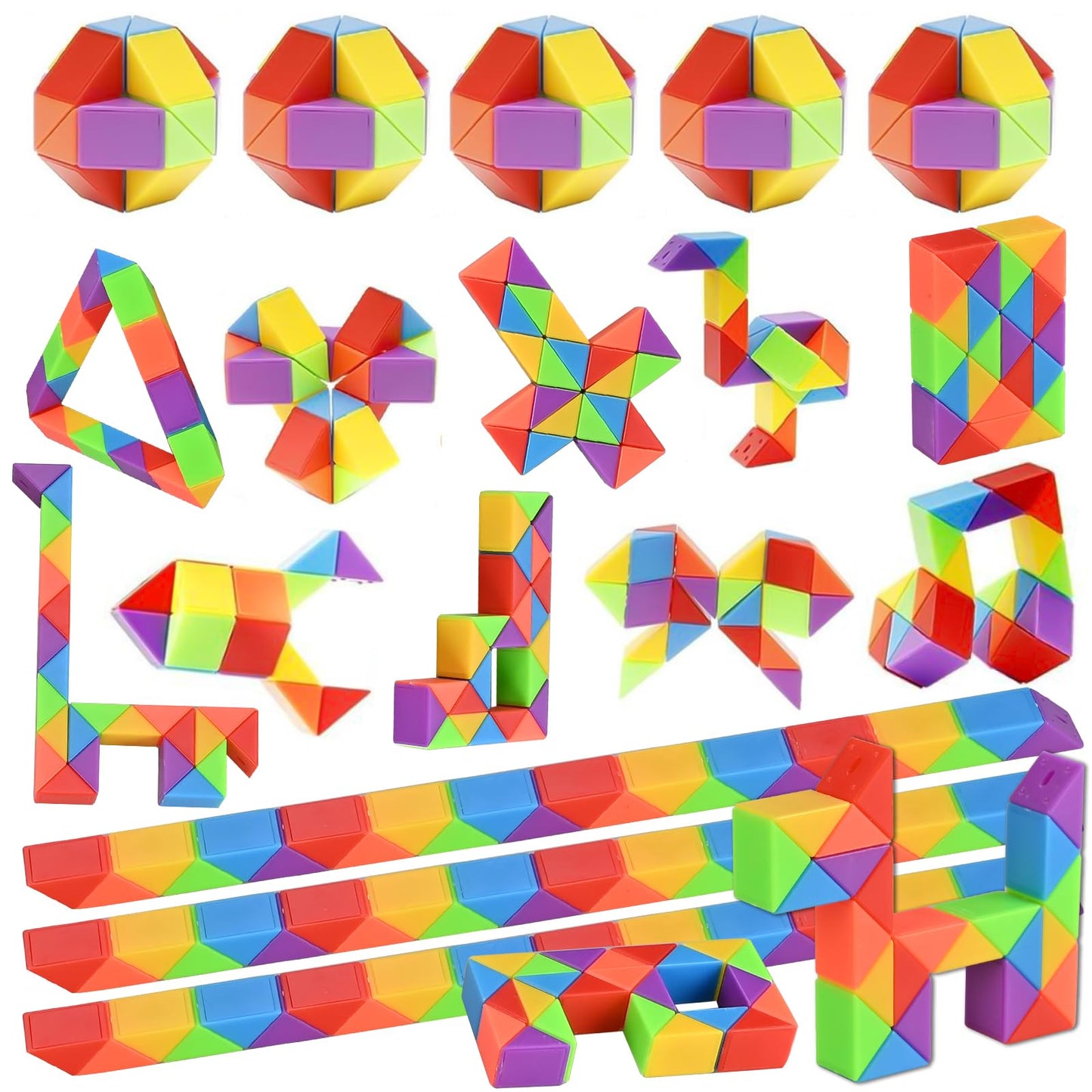 GOLDGE Mini Fidget Snake Cube Puzzle Toys - 24 Pack, Rainbow Colors, Travel & Party Favors for Kids Ages 4-8