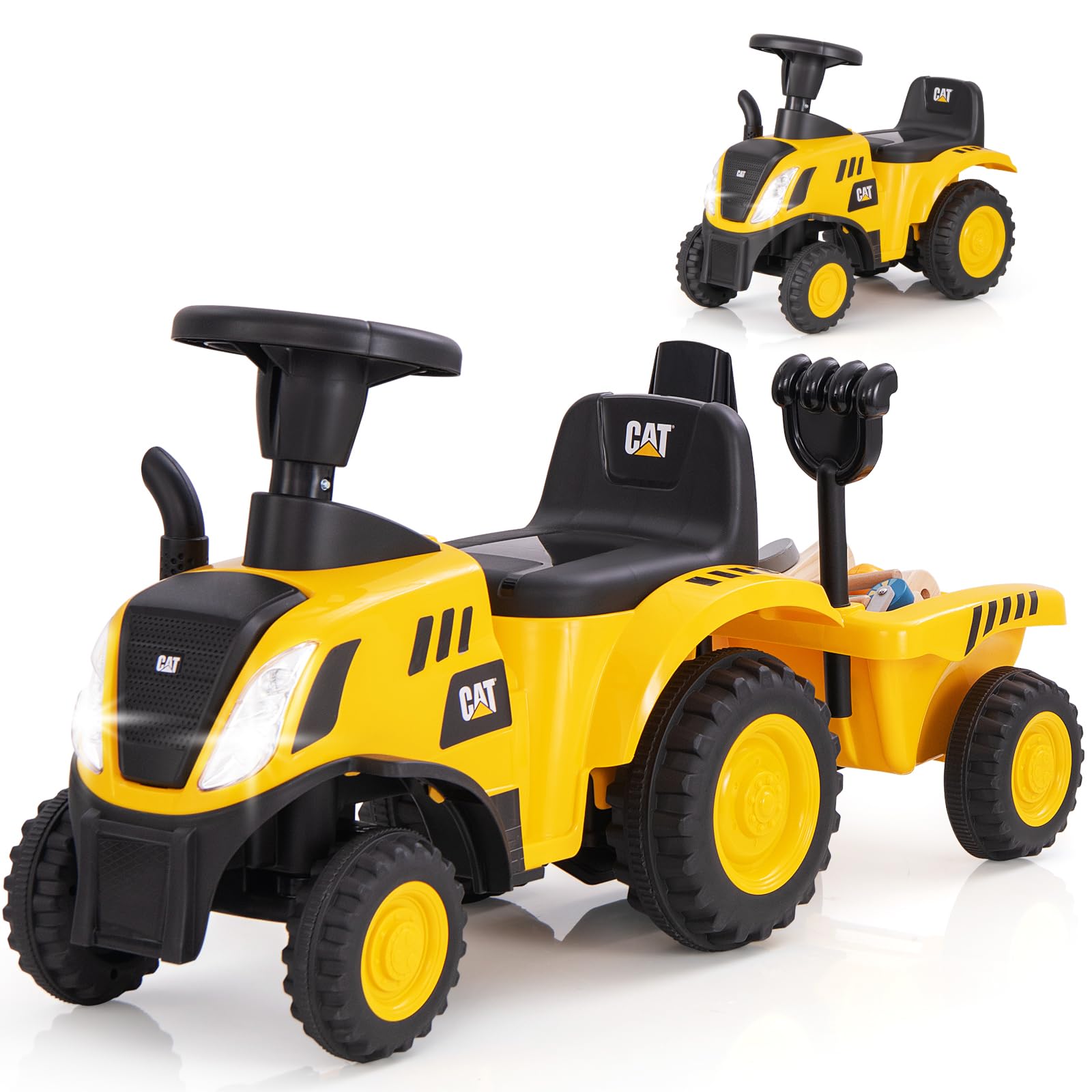 Costzon Kids Ride on Tractor, 2-in-1 Licensed Caterpillar Ride on Push Car w/Detachable Trailer, Horn, LED Lights, Rake & Shovel