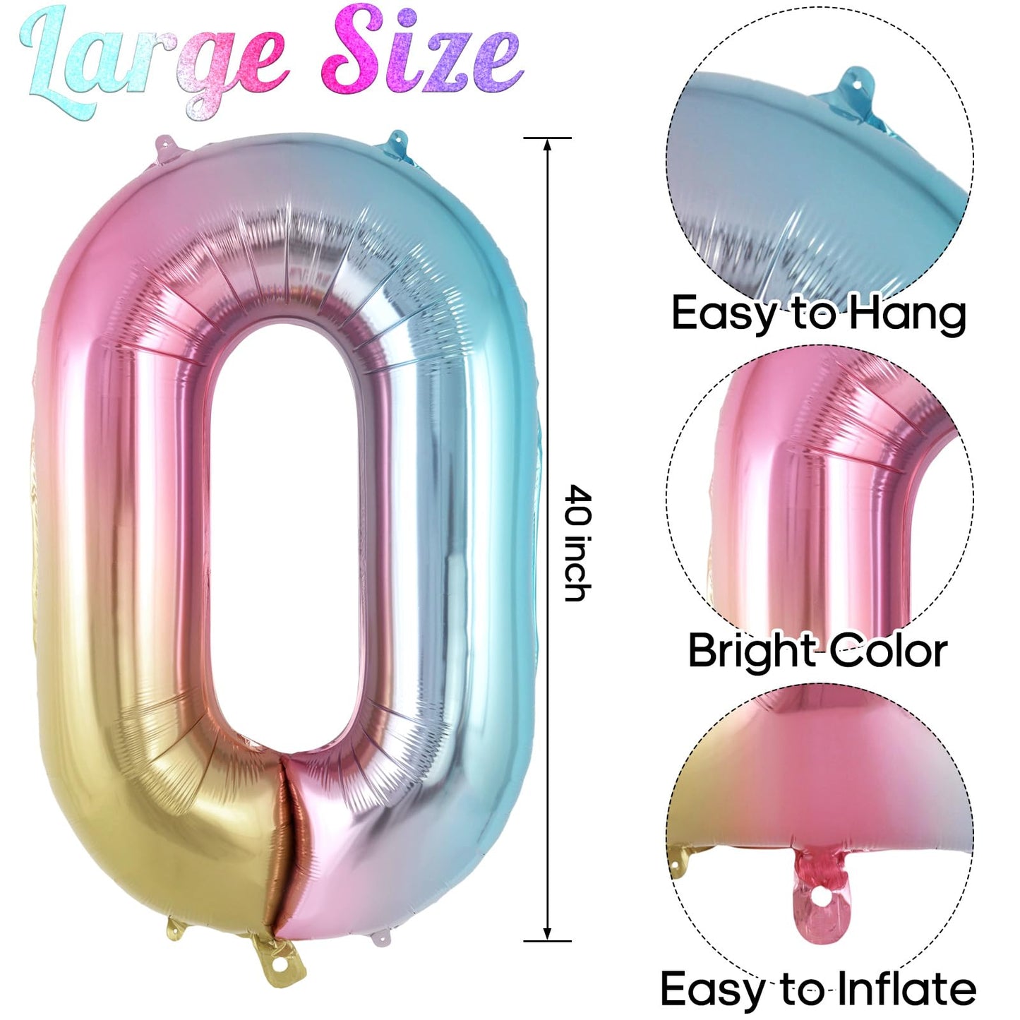 Rainbow Gradient Number 0 Balloon, 40 Inch Big Large Foil Number Balloons, Jumbo Mylar Number 0 Balloons For Birthday Party Deco
