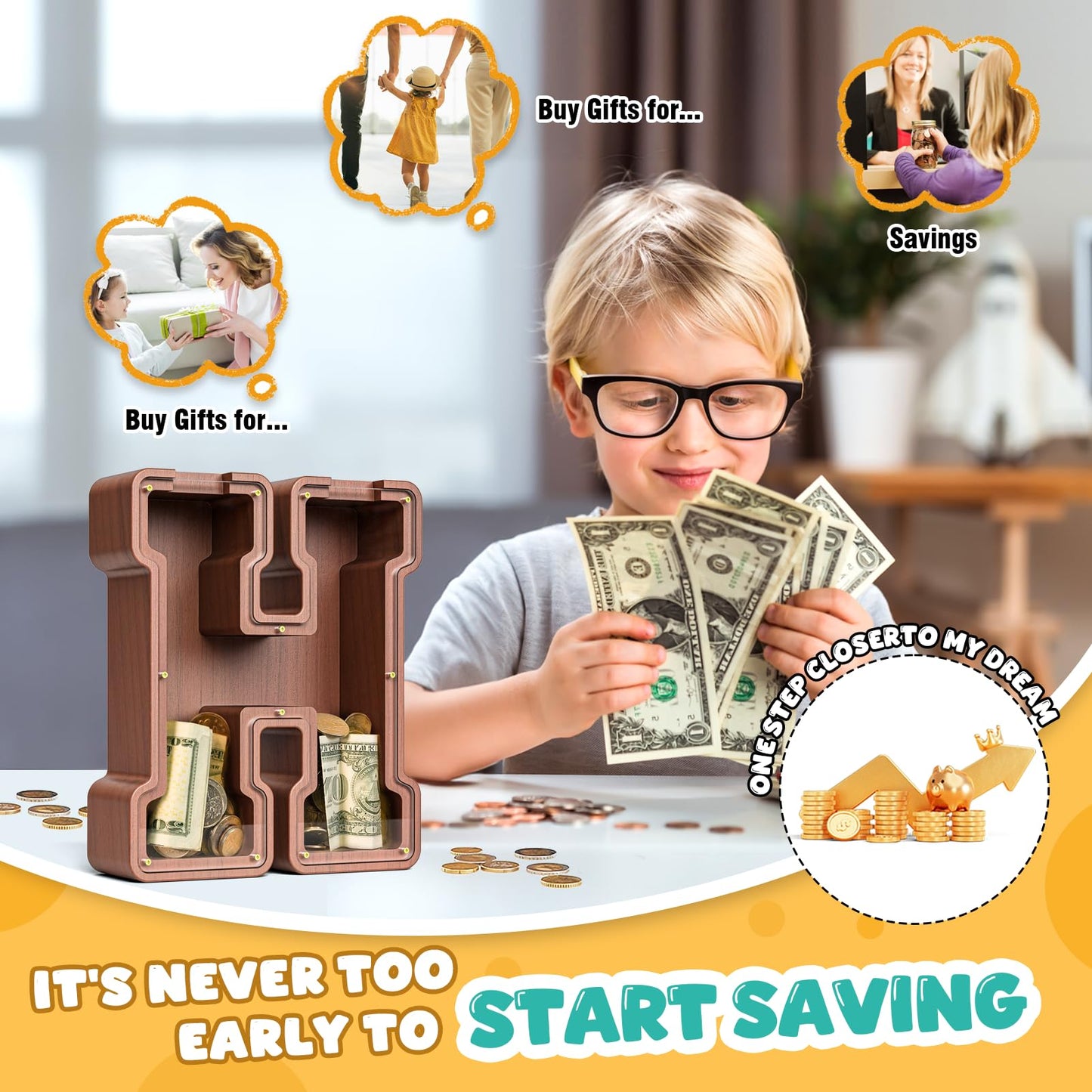 Summidate Wooden Letter Piggy Bank, Extra Thick Large Capacity Piggy Bank For Kids Boys Girls Toddler, Alphabet H Money Bank| Co