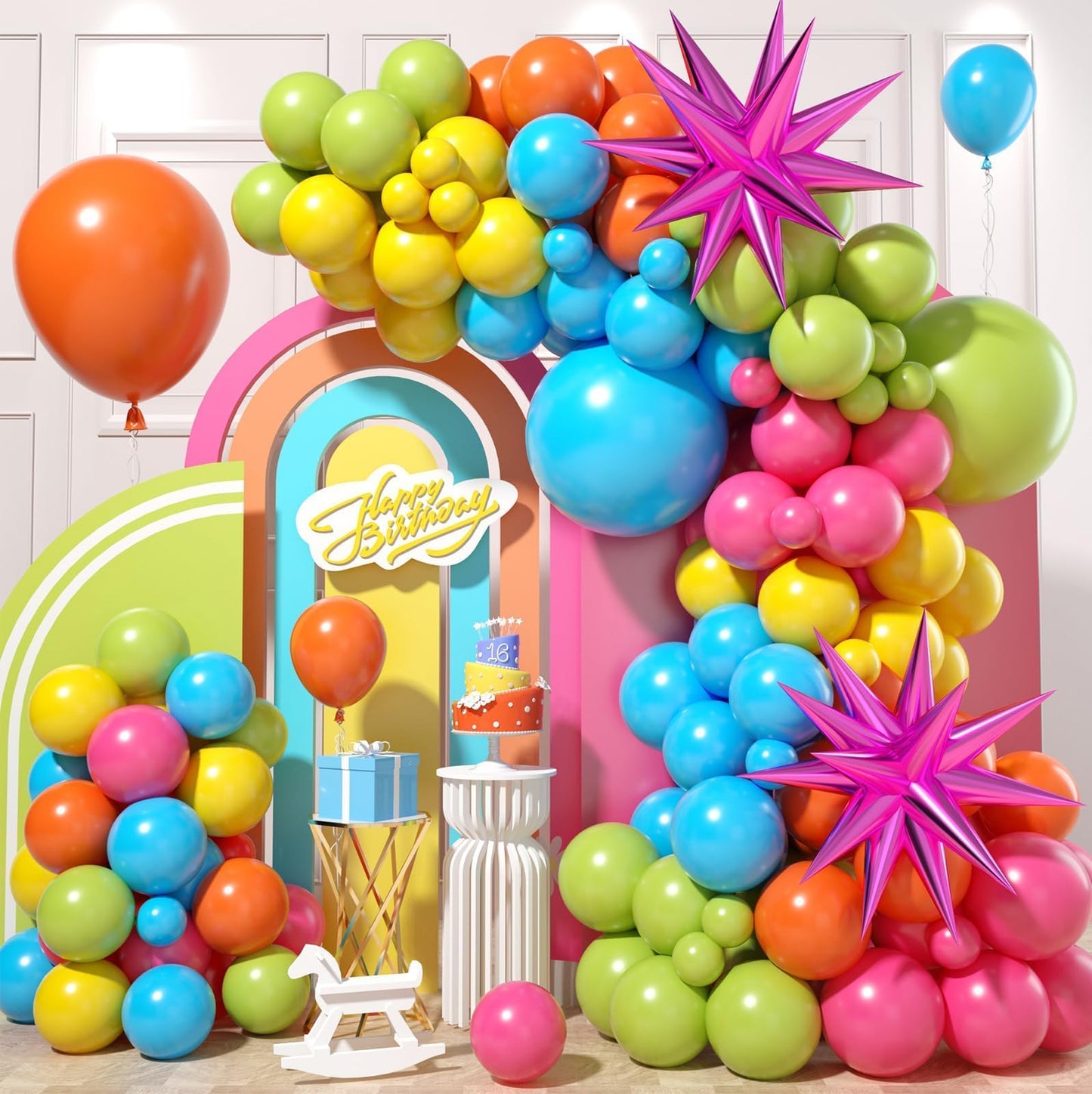 Green Blue Yellow Orange Balloon Arch, Rainbow Balloon Garland With Rose Red Yellow Orange Blue Green Latex Balloons Rose Red Fo