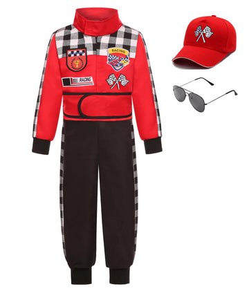 Kids Race Car Driver Costume Boys Racer Jumpsuit With Car Cap Halloween (5-6 Years)