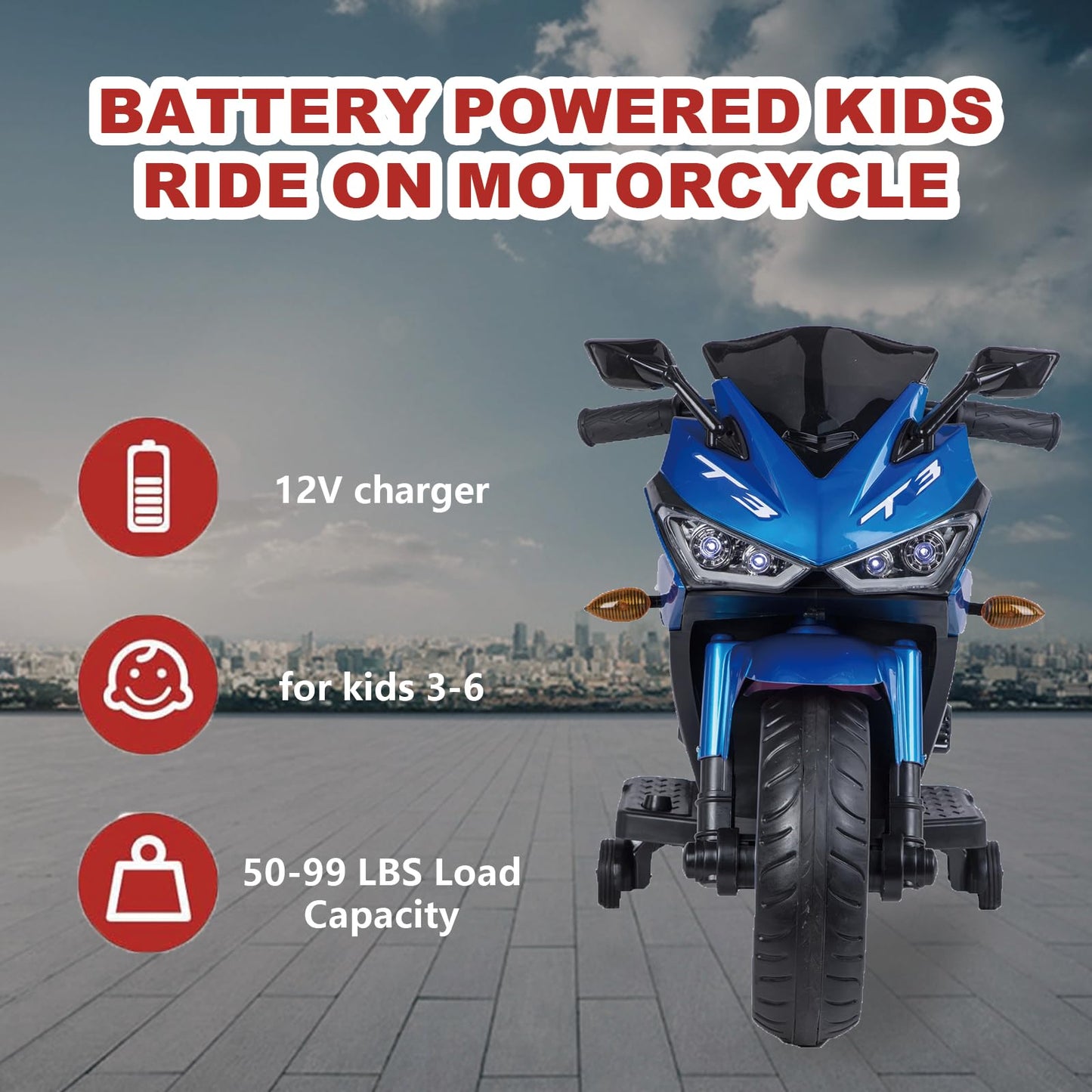 12V Kids Ride On Motorcycle,Electric Ride On Motorcycle With Training Wheels, Light Wheels, Manual Throttle,Led Lights, Music,Us