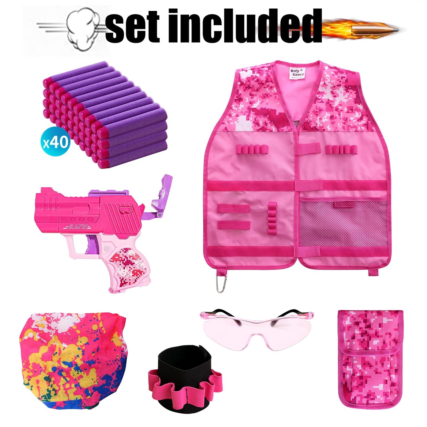Hely Cancy Girls Tactical Vest Kit - Medium Pink Blaster Compatible with Nerf Rebelle N-Strike, Model NF-V12, Durable Plastic