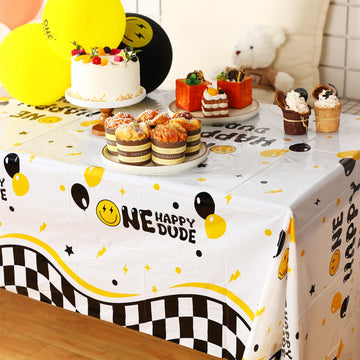 Suttmin 3 Pcs One Happy Dude Table Cloth One Happy Dude Birthday Decorations Plastic Smile Face Party Tablecloths 1st Birthday T