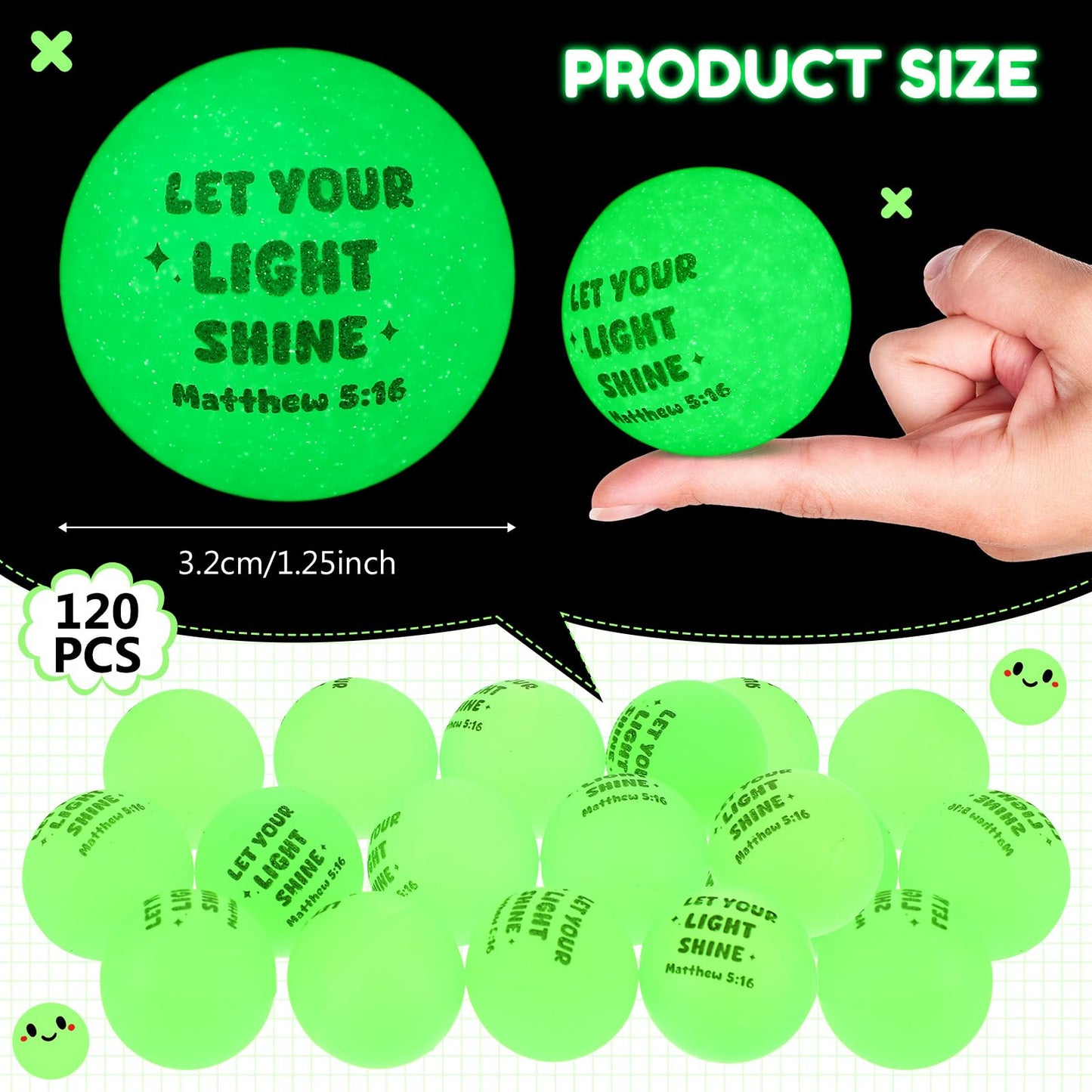 Seenelling 120 Pcs Christian Glow in The Dark Bouncy Balls Easter Jesus Bible Verse Rubber High Bouncing Balls Christian Party F