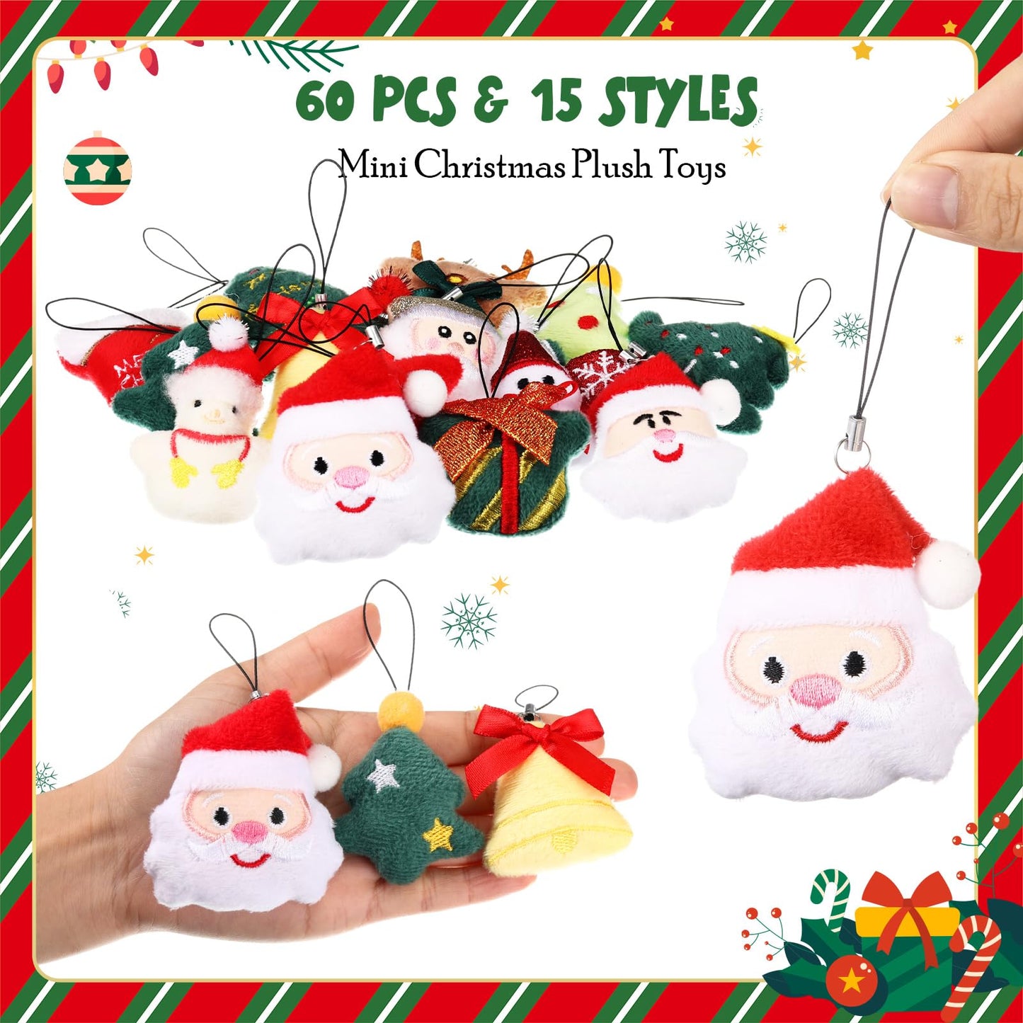 Libima 60 Pcs Christmas Mini Stuffed Animals Christmas Plush Keychain Santa Claus Tree Santa Hat Elk Bells Snowmen Hanging Plush