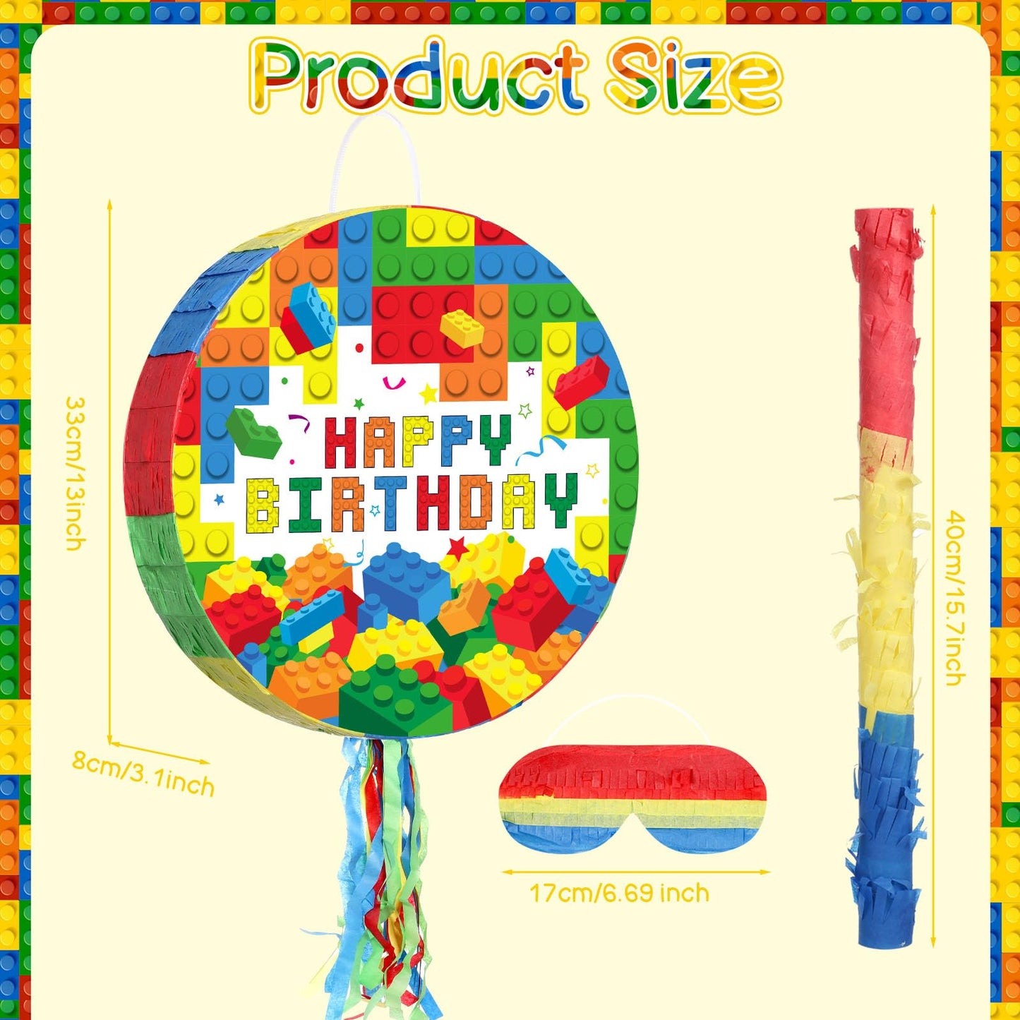 Jexine Building Blocks Piata Set Birthday Block Party Supplies Fiesta Piata Bundle with Blindfold Bat Stick Block Tassel Piata f