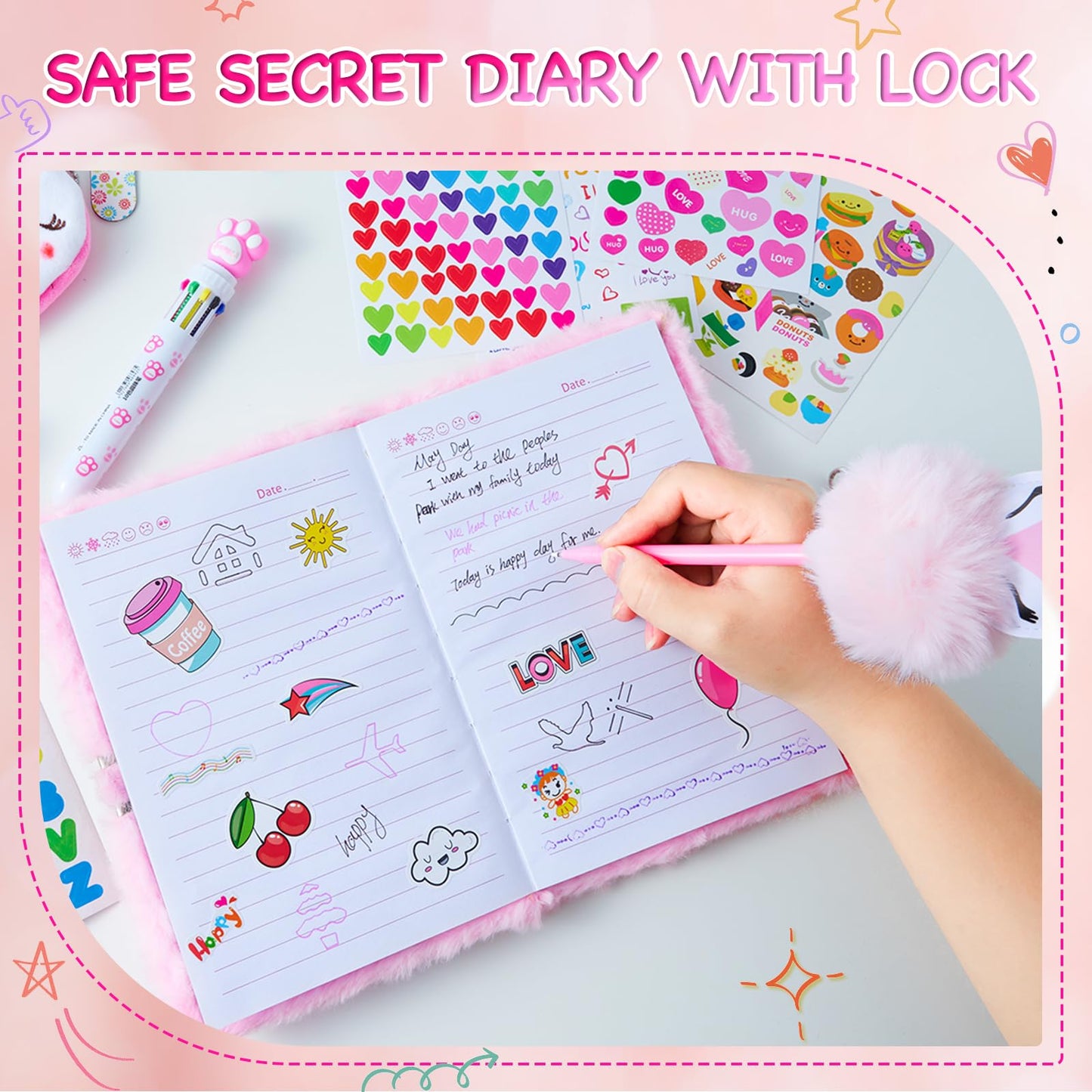 Wiewusch Gifts For 6 7 8 9 10 11 Year Old Girls, Diary With Lock For Girls - Journal Kit For Girls With Bookmarks Sticky Notes P