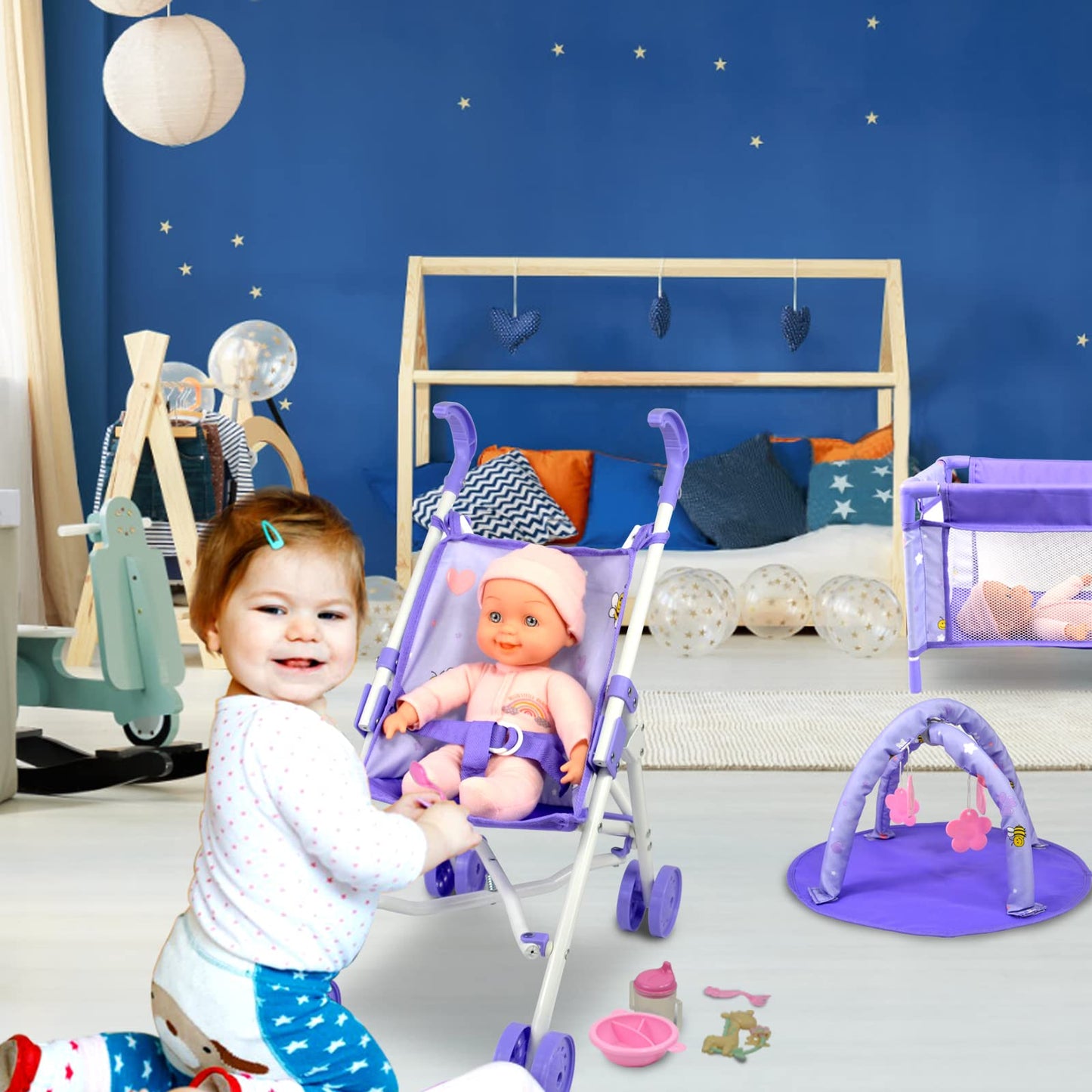 ANIVIA Baby Doll Stroller Set - 5PC Accessories, Includes Stroller, Crib, Play Mat, Feeding Toy, Diaper Bag, Purple, 11" Doll Included