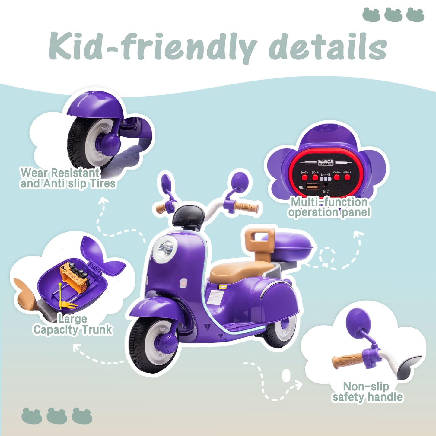 Upgrade 2 Seats Kids Motorcycle, 12V Ride On Electric Car with 2 Motors, Kid s Motorbike with USB, Bluetooth, Waterfall Light,