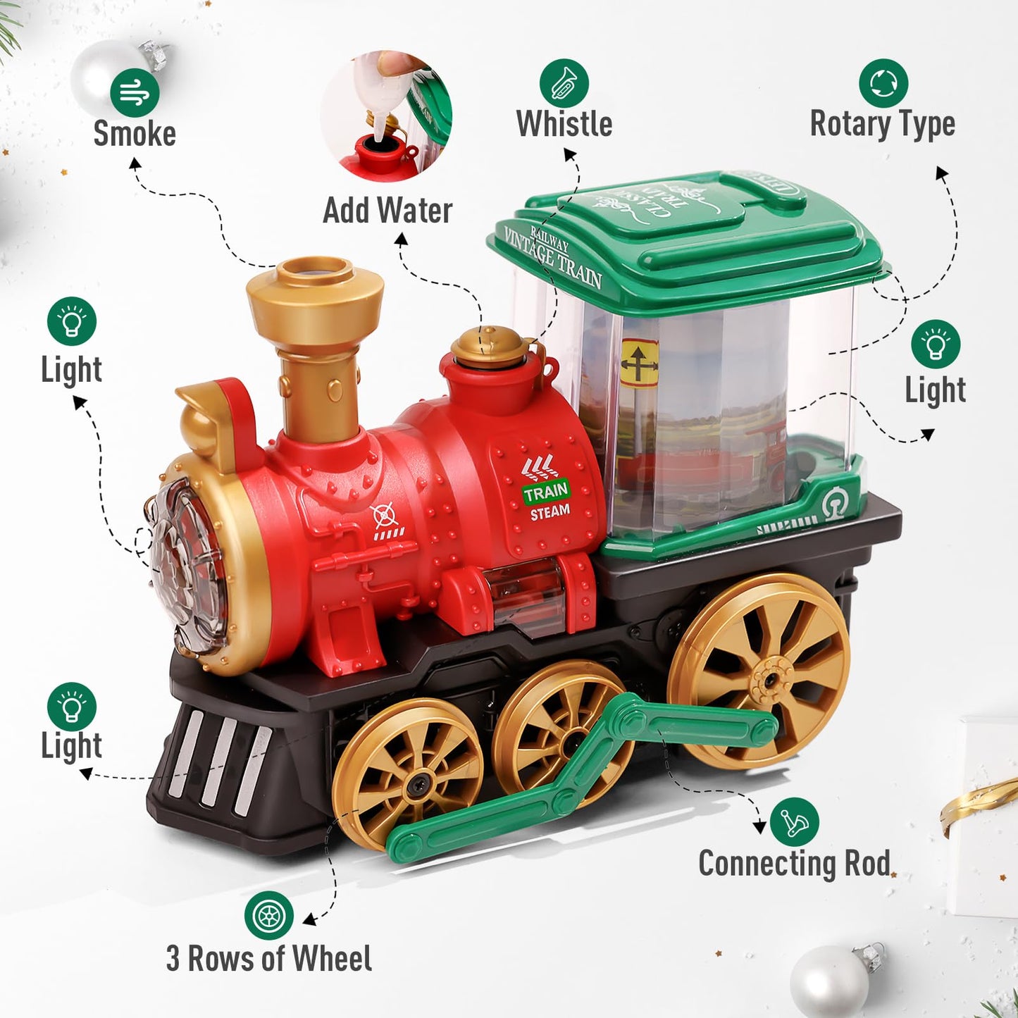 Electric Steam Train Toy For Toddlers 3-5,Bump And Go Truck W/Steam Locomotive,Smoke,Light & Sound, 360 Rotation Christmas Train