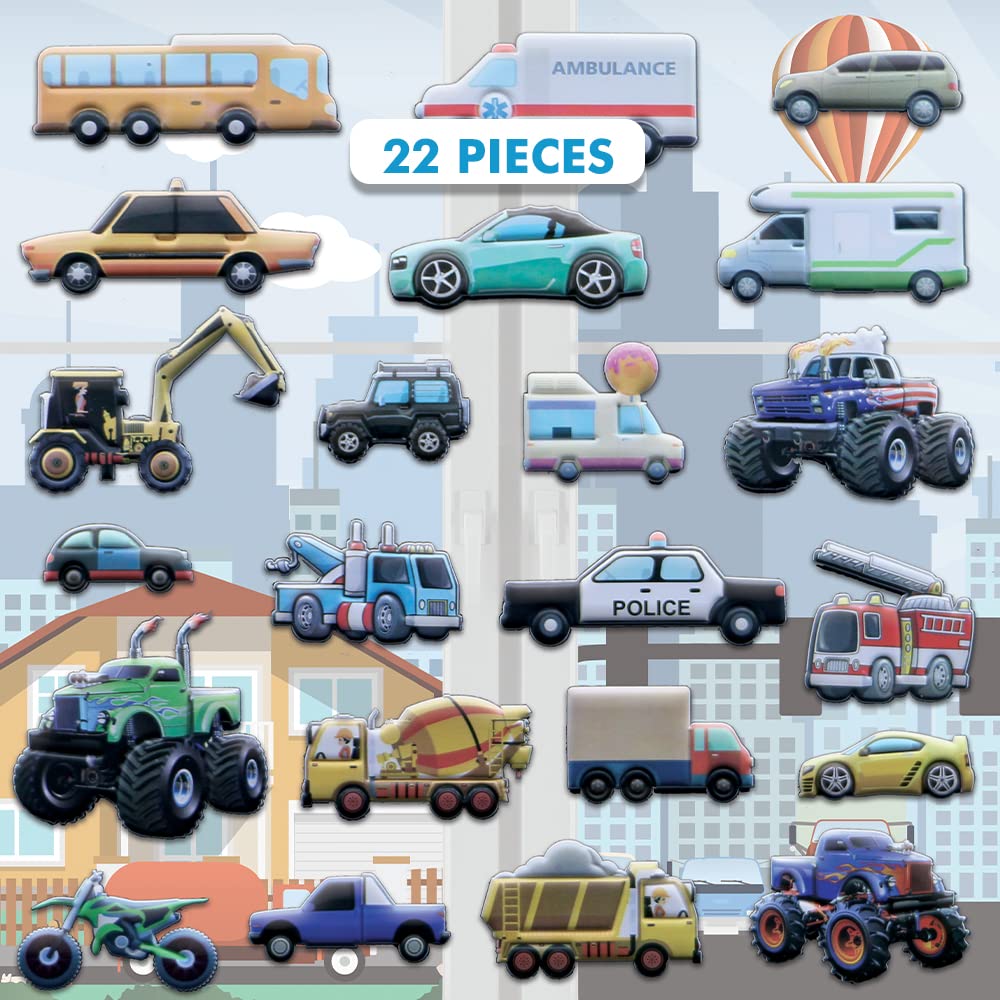 Cars and Trucks Window Clings for Kids & Toddlers (by Jesplay USA - Reusable Window Stickers Gels & Decals) Puffy Sticker Activi