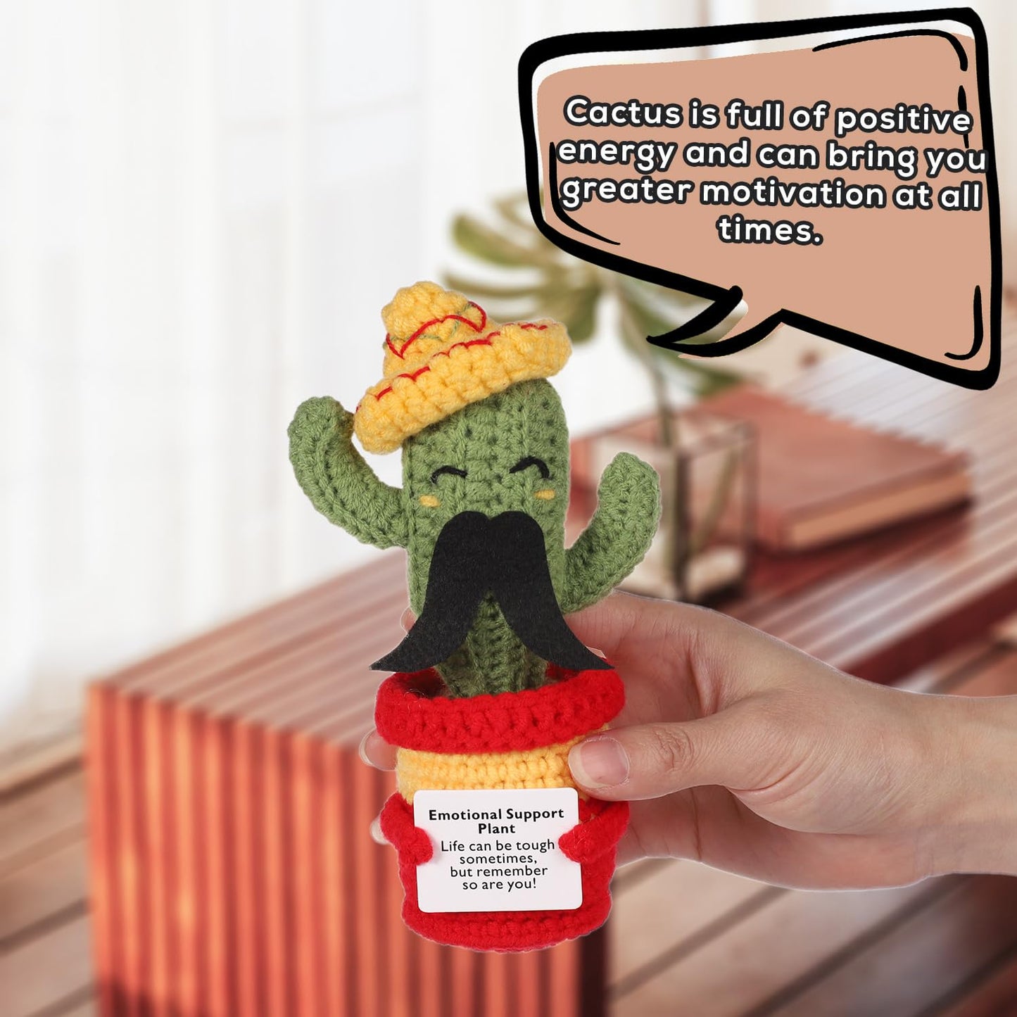 Funny Positive Cactus Crochet Potato Toy, 6.69 Inch With Mustache Knitted Fabric With Encouragement Card Wool Emotional Support Plush Plant Doll For Party Gifts Mexican Cinco De Mayo Carnivals