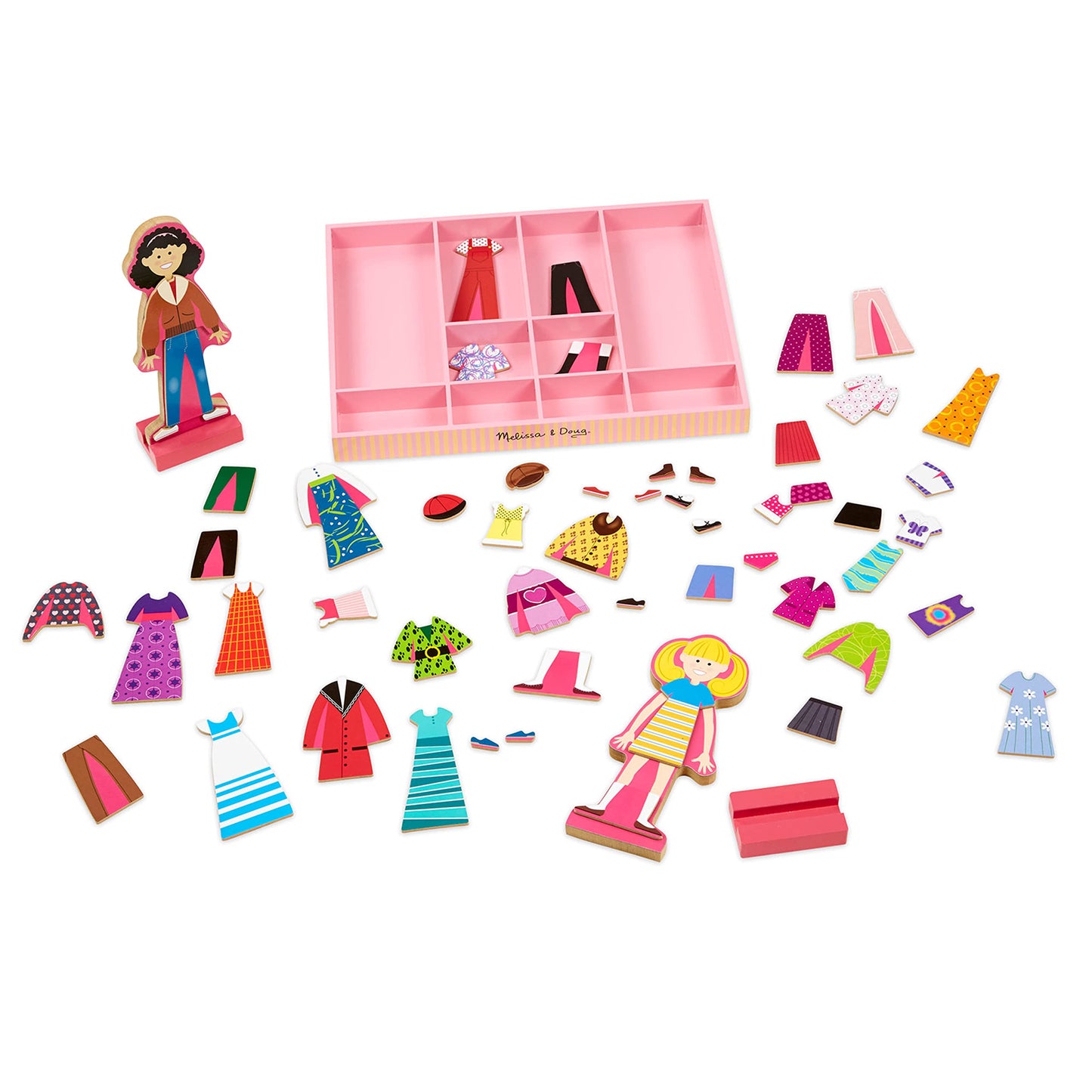 Melissa & Doug Abby & Emma Magnetic Wooden Dress-Up Dolls Play Set, 55+ Pcs, Kids Ages 3+, Wood
