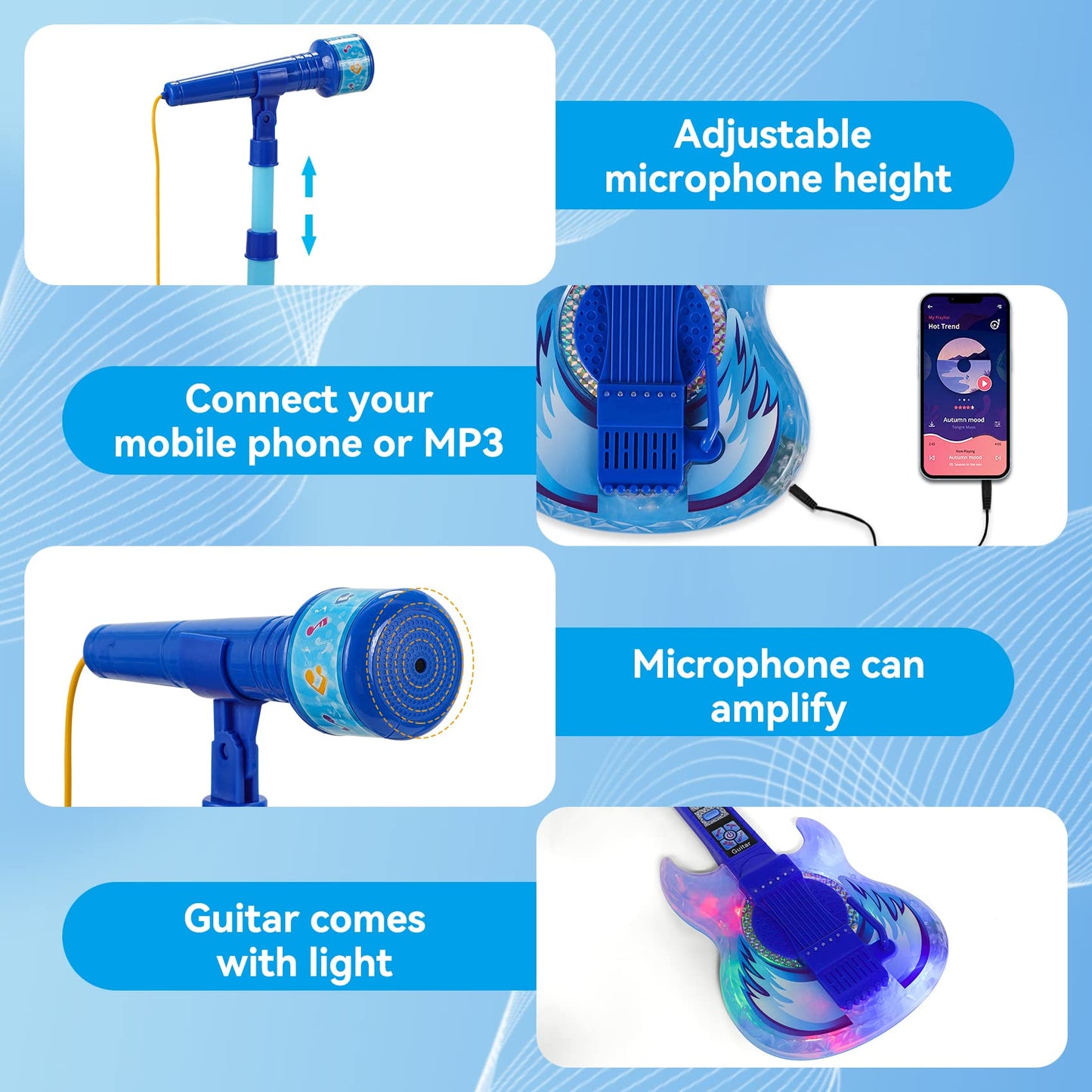 Guitar And Microphone Play Set For Boys,Karaoke Machine With Music&Light,Microphone Toys With Stand,Adjustable Height Guitar Toy
