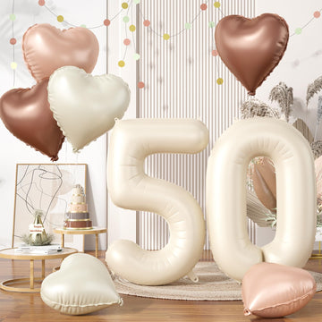 Biapian 40 Inch Cream Number 50 Balloons, 8Pcs Large Foil Number 5 & 0 Balloons With 18'' Cream White Heart Balloon For 50Th Yea
