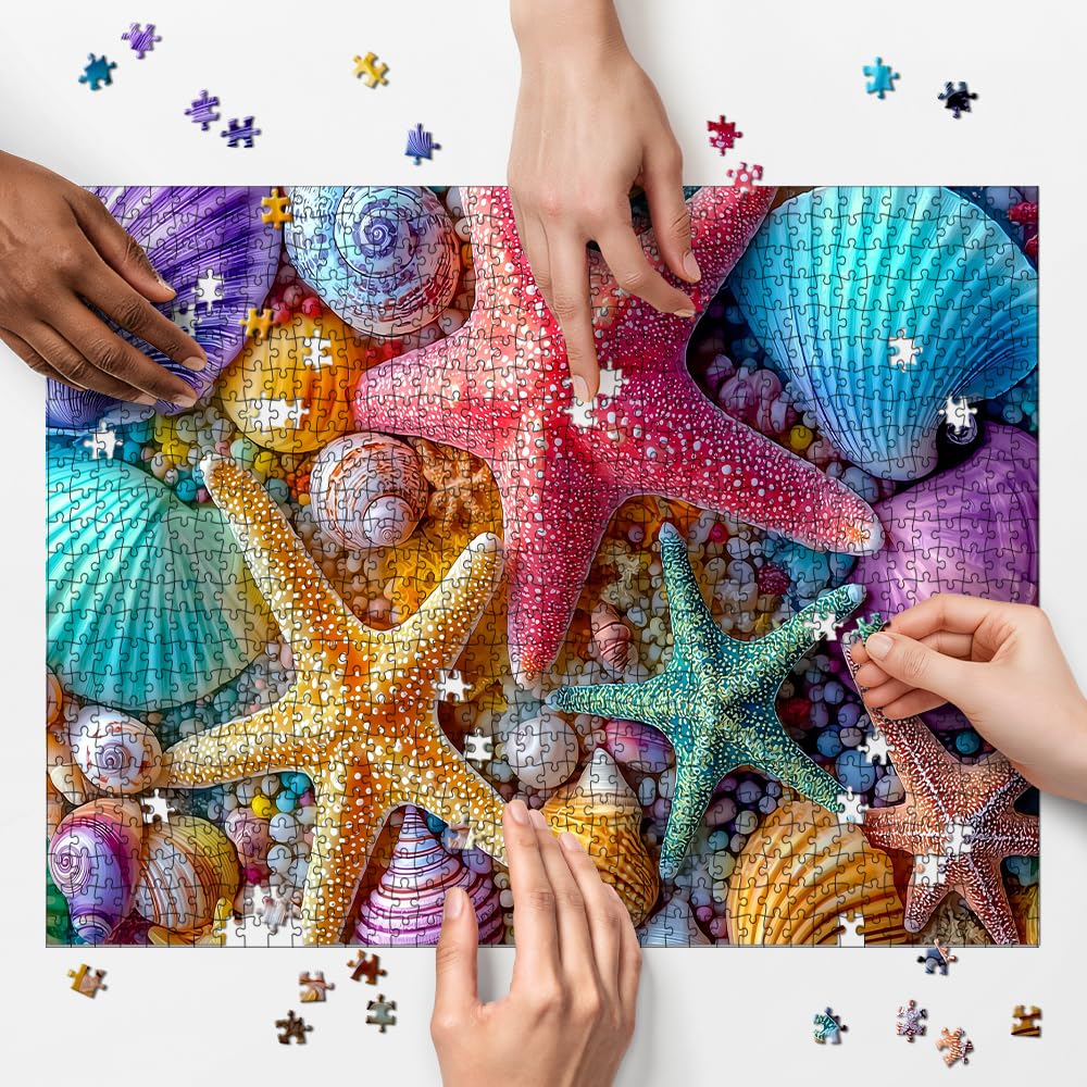 1000 Piece Jigsaw Puzzle for mature-themeds - Colorful Seashells and Starfish Ocean Beach Theme  Vibrant Marine Life Art Puzzles  Challenging Brain Game  enhanced Eco-Friendly Gift