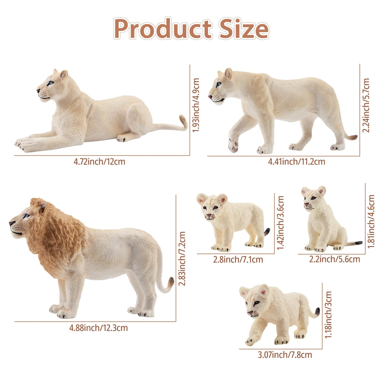 Toymany 6Pcs White Lion Figurines With Lion Cubs, 2-5'' Jungle Animals Figures Realistic Family Set Includes Baby Lions, Educati
