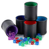 5 Pack Black Leather Dice Cups with Colorful Velvet Felt-Lined Interior and 30 Matching Colorful Transparent Dices
