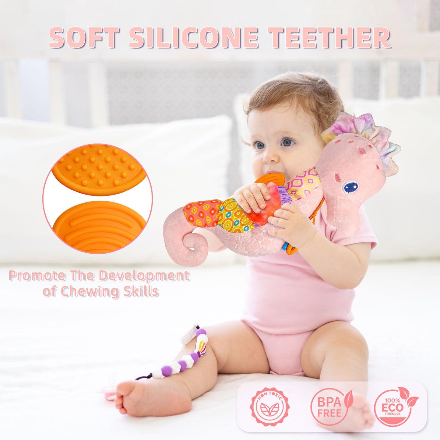 Baby Toys 0-6 Months,Infant Musical Seahorse Stuffed Animals Sensory Toys With Bright Colors,Multiple Textures,Rattles & Crinkle