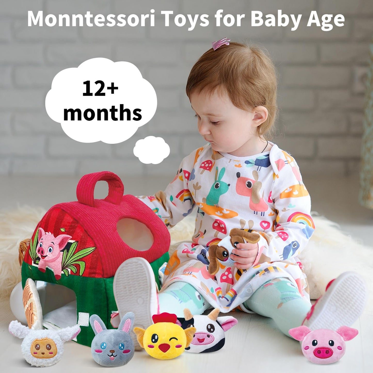 Elfew Farm Animal Baby Toys 6-12 Months, With 6 Small Plush Stuffed Farm Animals(Squeeze & Shake), Soft Toys For Toddlers, Monte
