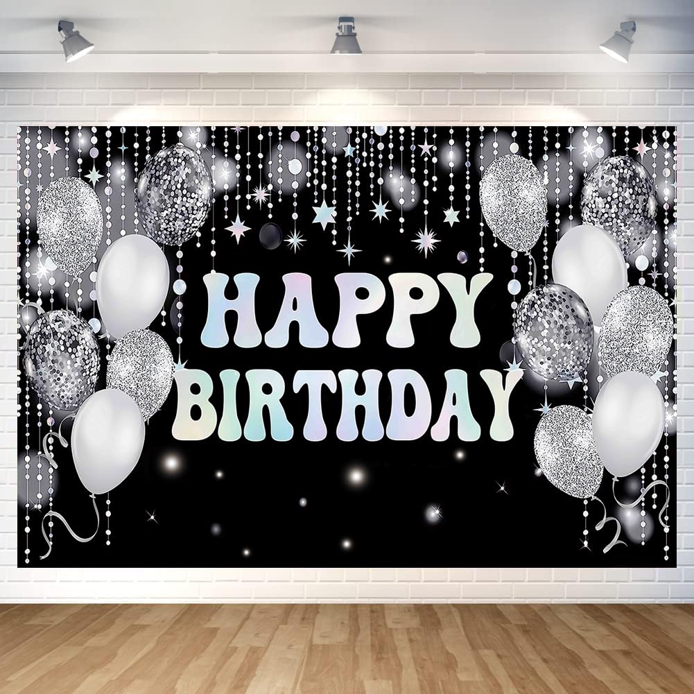 Silver Black Birthday Paty Backdrop Silver Black Happy Birthday Banner Silver Black Photography Background For Home Decorations