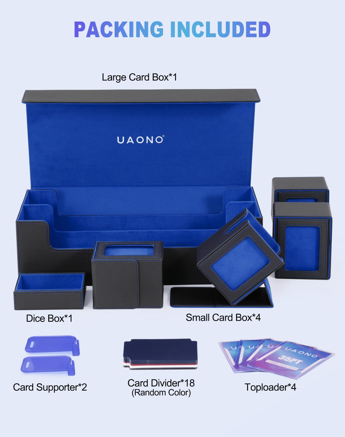UAONO Card Storage Box for Trading Cards  5 in 1 Card Deck Case with 4 Pcs Small Commander Deck Box  Large Card Box for MTG/TCG/PTCG Magic Sports Cards Game Playmat (Black  Blue)