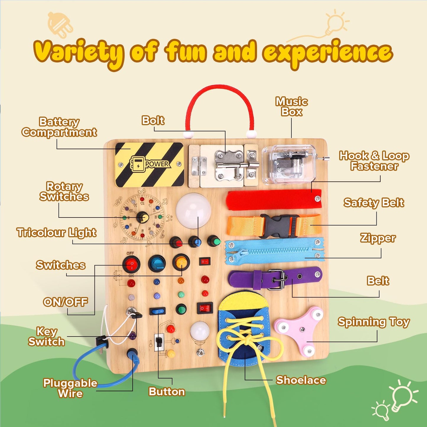 Iabedi Busy Board,Montessori Toys For 1-3 Years Old, Wooden Toddler Toys, Sensory Travel Toys, Ideal Gift For 1+ Year Old Boys (